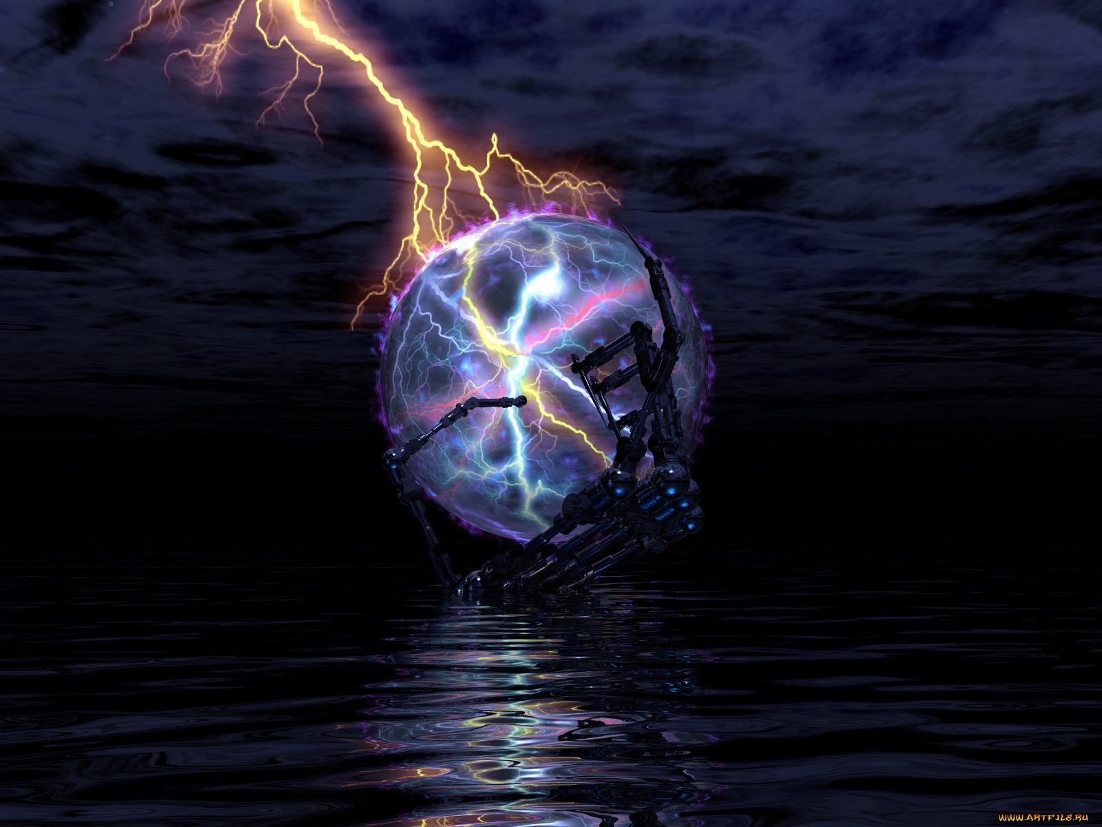 3д, графика, abstract, абстракции, шар, молния, вода