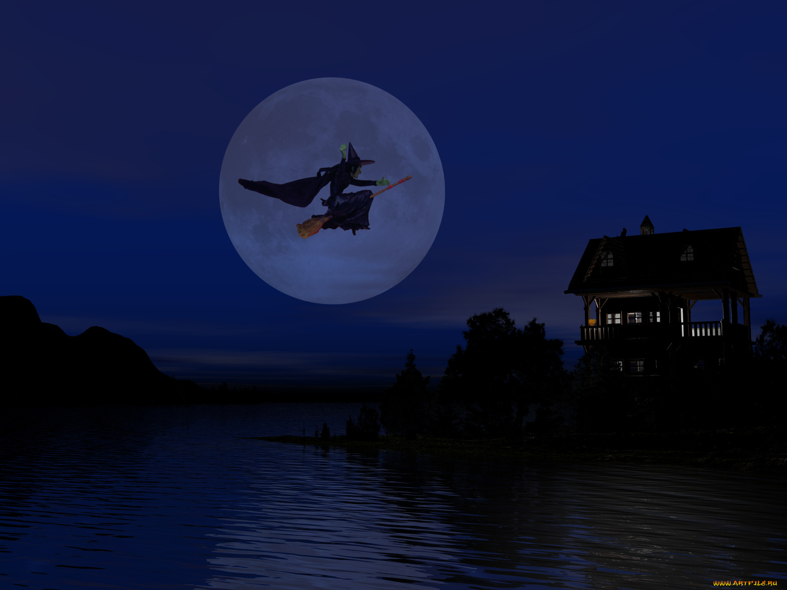 3д, графика, holidays, праздники, ночь, луна, ведьма, вода, дом