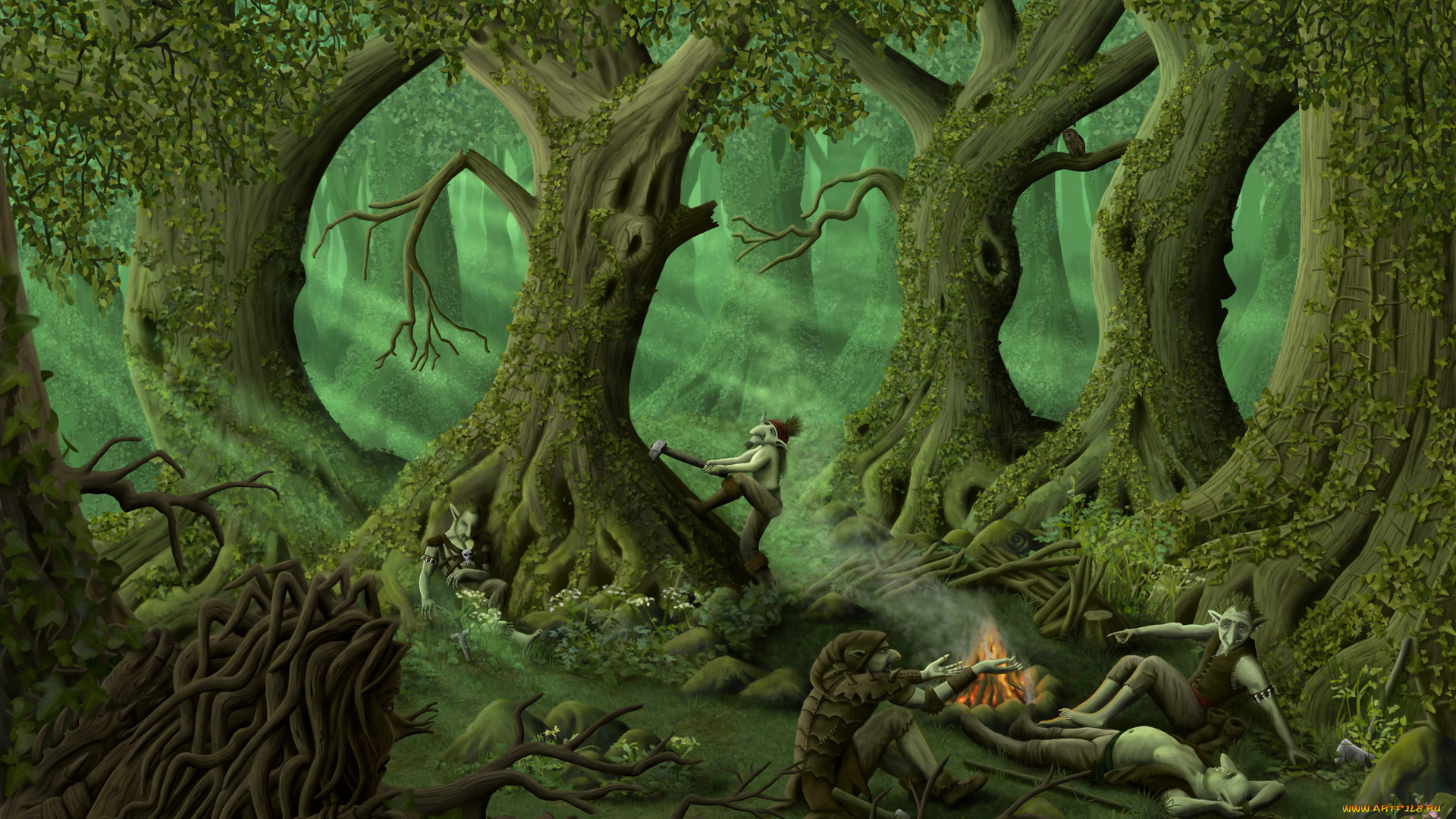 3д, графика, fantasy, фантазия, леший, костер