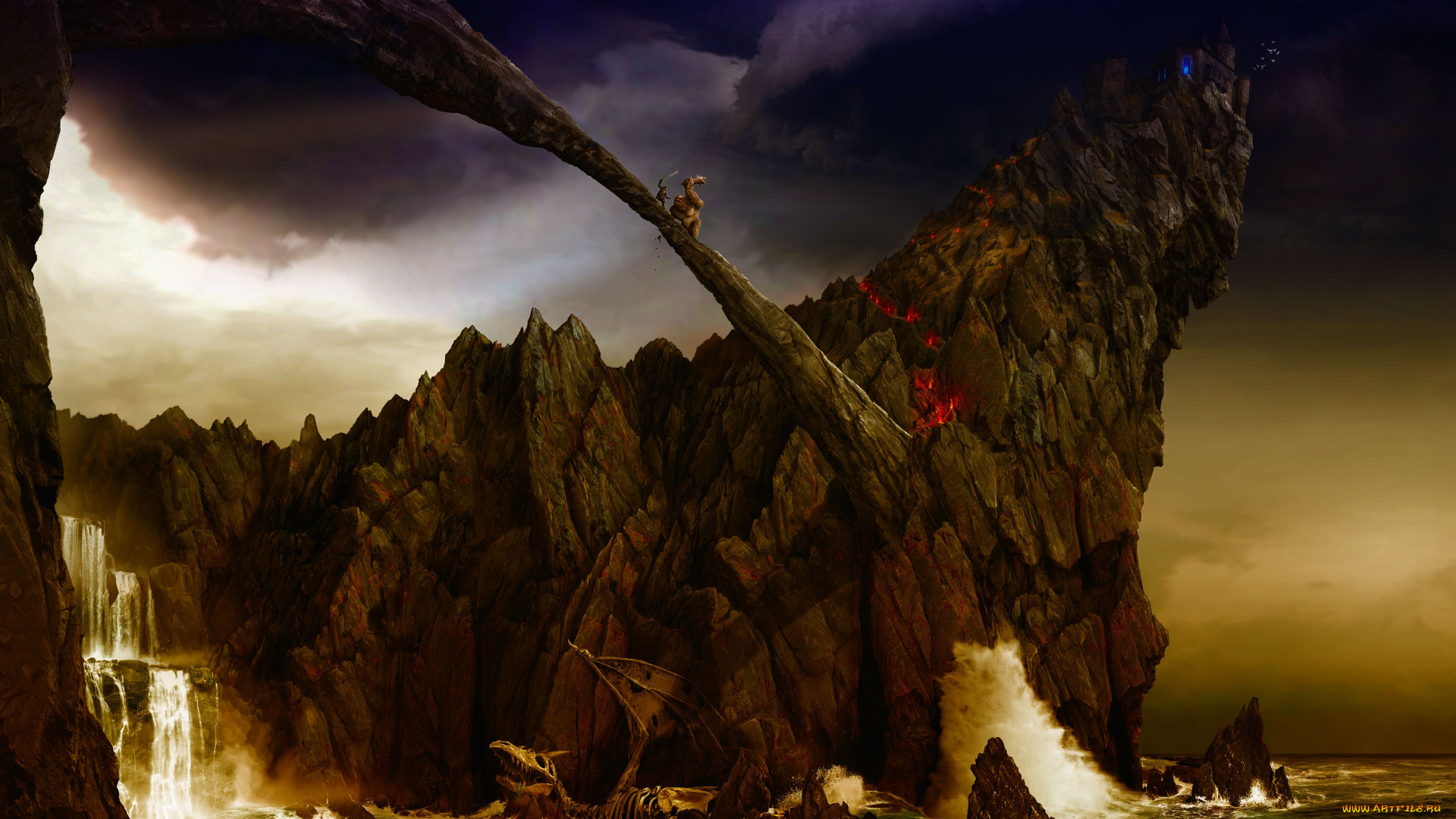 фэнтези, иные, миры, времена, море, скалы, скелет, схватка, дракон, водопад