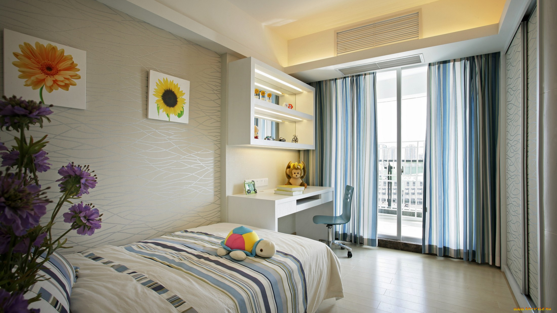 интерьер, детская, комната, кровать, стул, картины, стол, игрушки