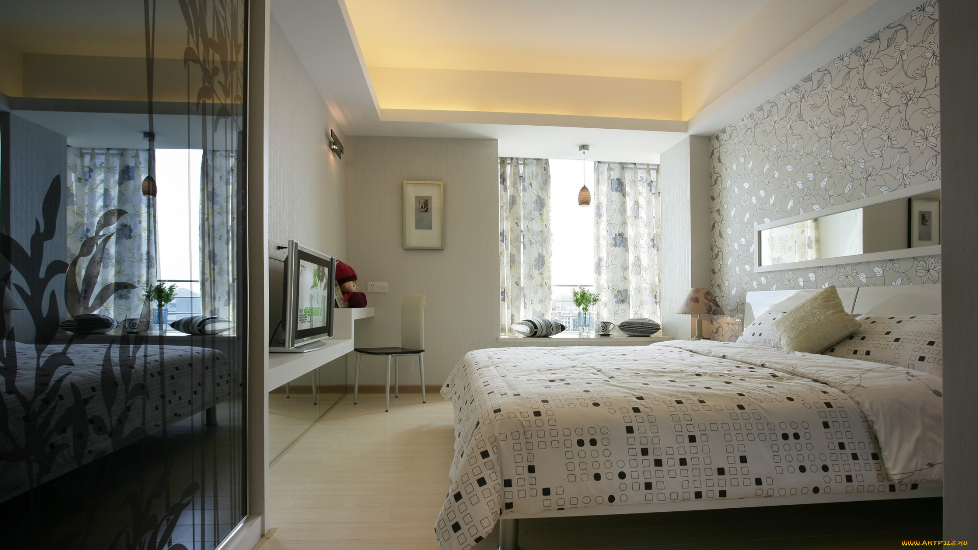 интерьер, спальня, подушки, кровать, окно