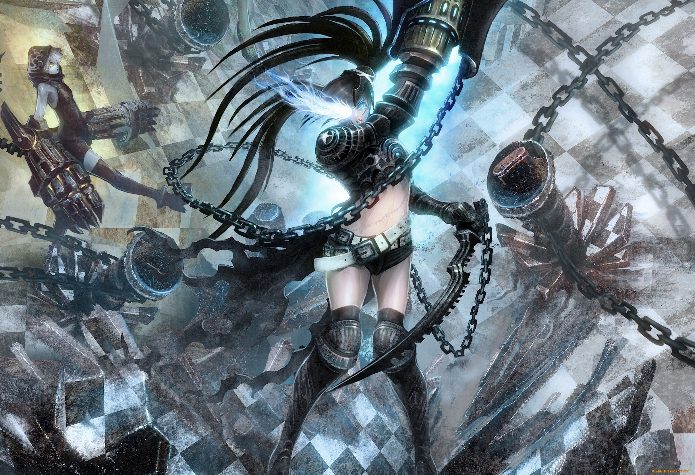 аниме, black, rock, shooter, цепи, магия, оружие, девушка