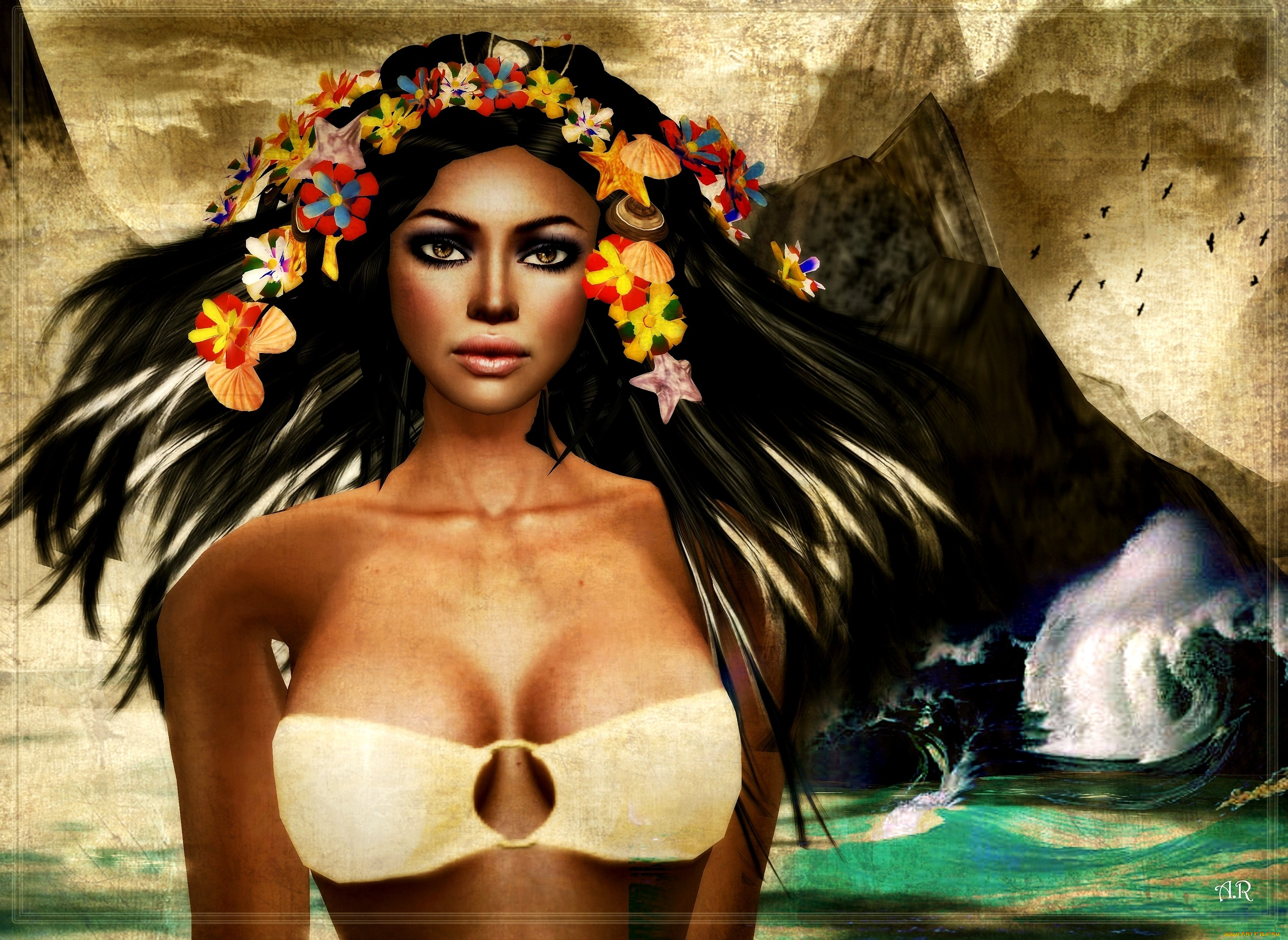 3д, графика, people, люди, купальник, цветы, волосы, мулатка