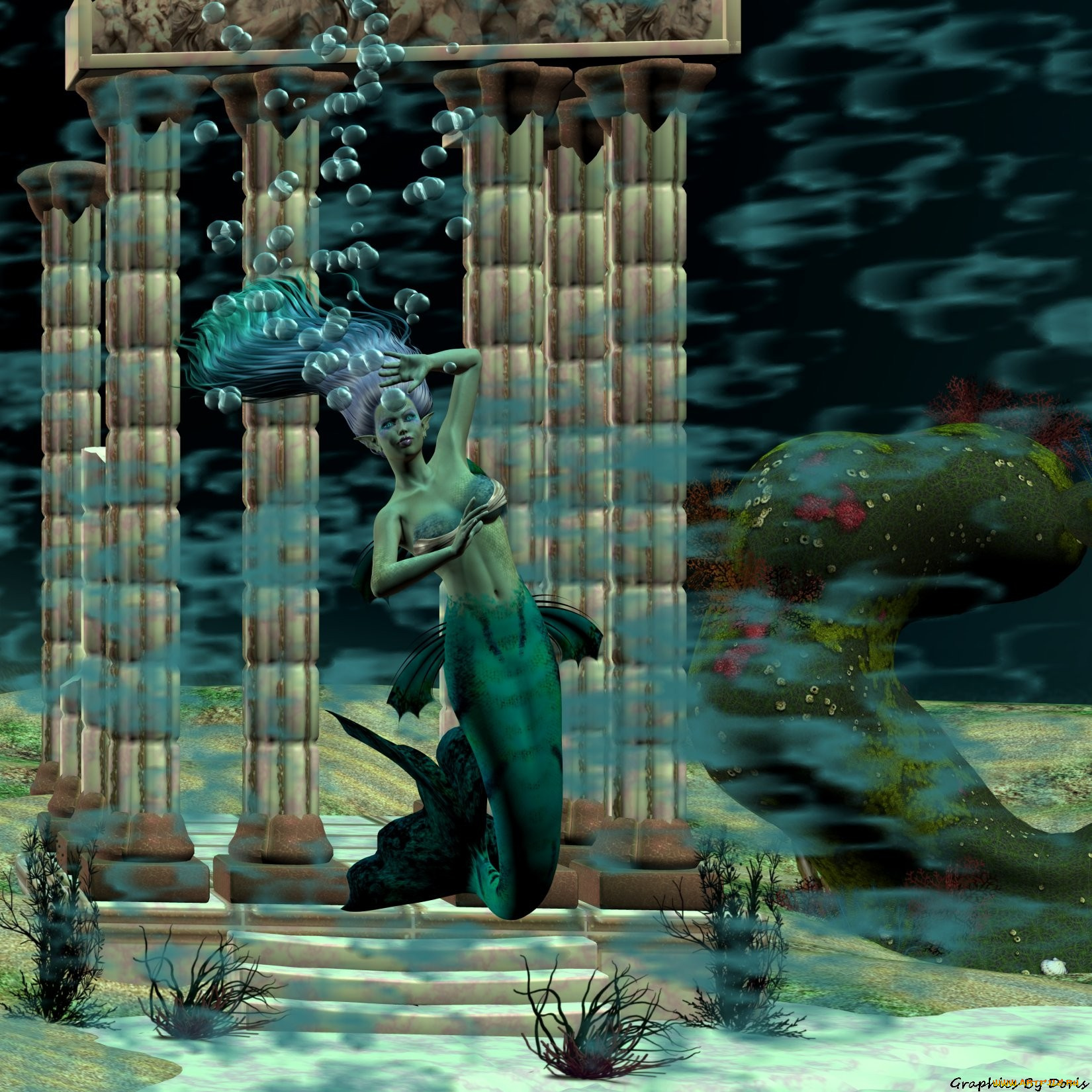 3д, графика, fantasy, фантазия, сирена, колоны, дно, море