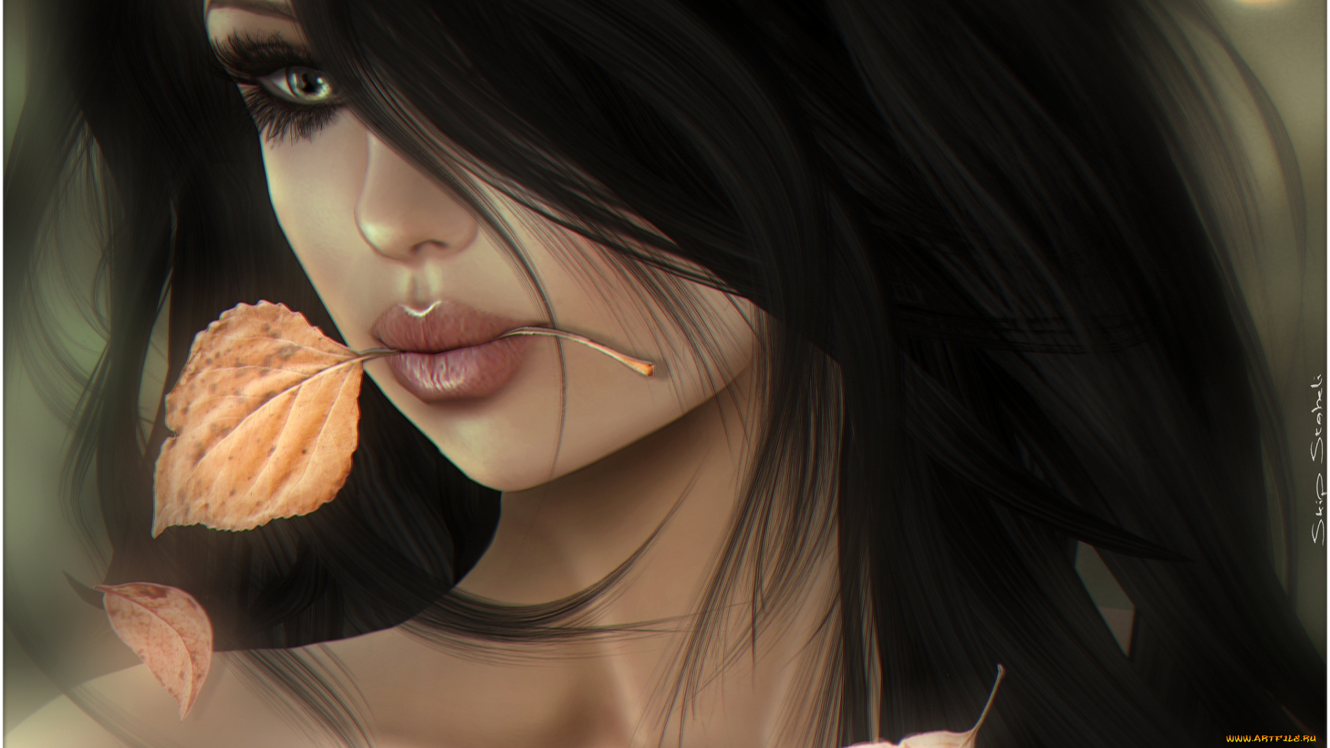 3д, графика, portraits, портрет, лицо, волосы, листок