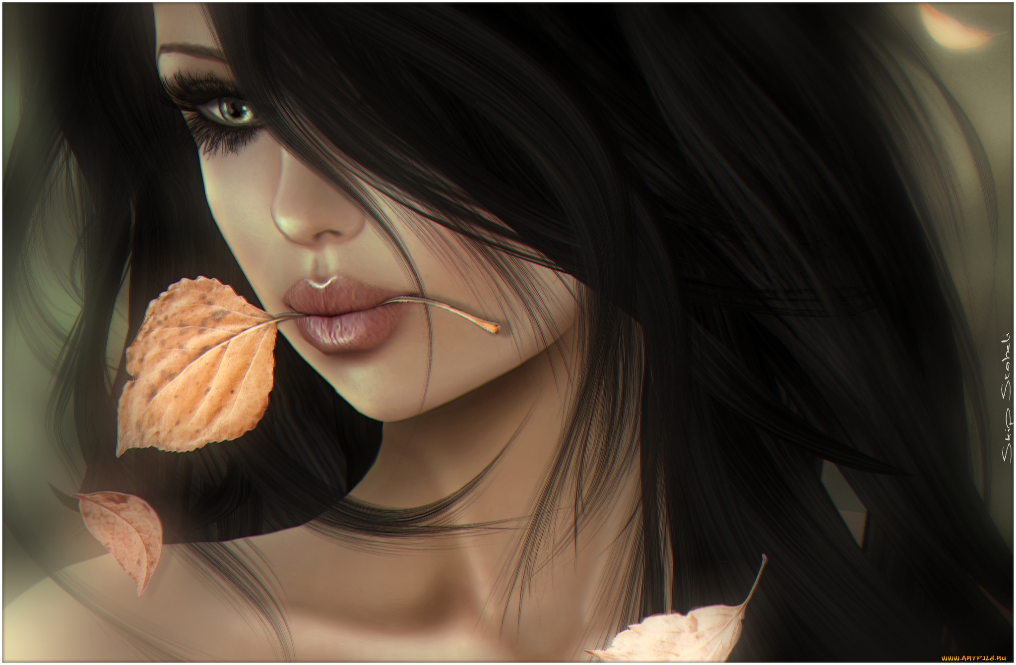 3д, графика, portraits, портрет, лицо, волосы, листок