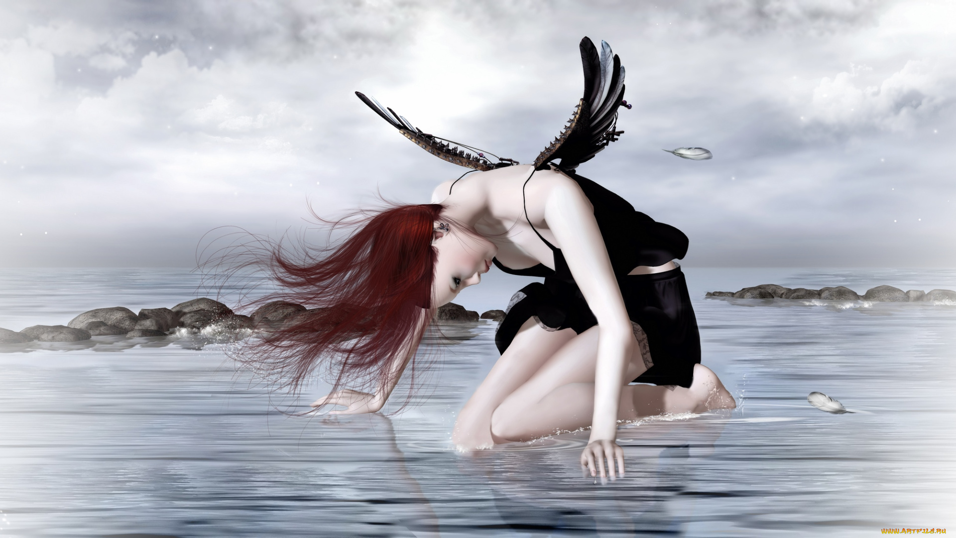 3д, графика, angel, ангел, крылья, вода