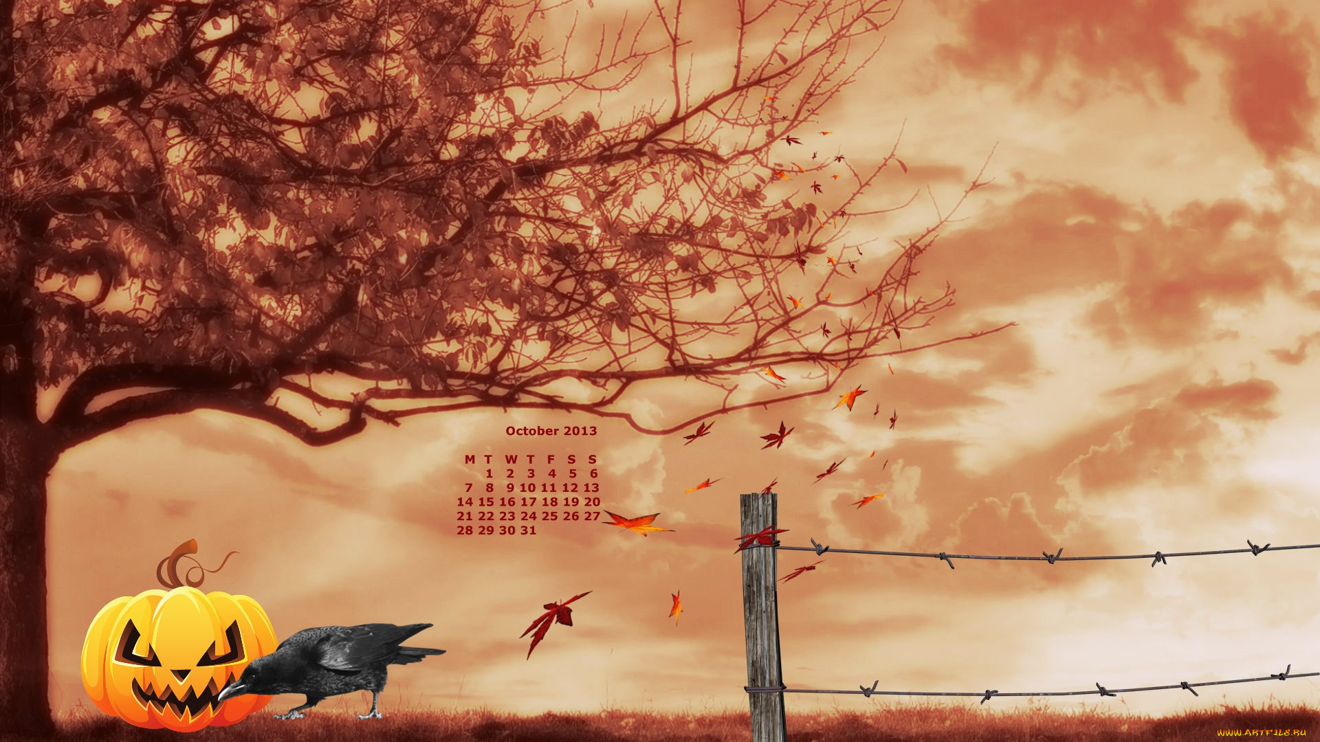 календари, рисованные, векторная, графика, тыква, ворон, дерево