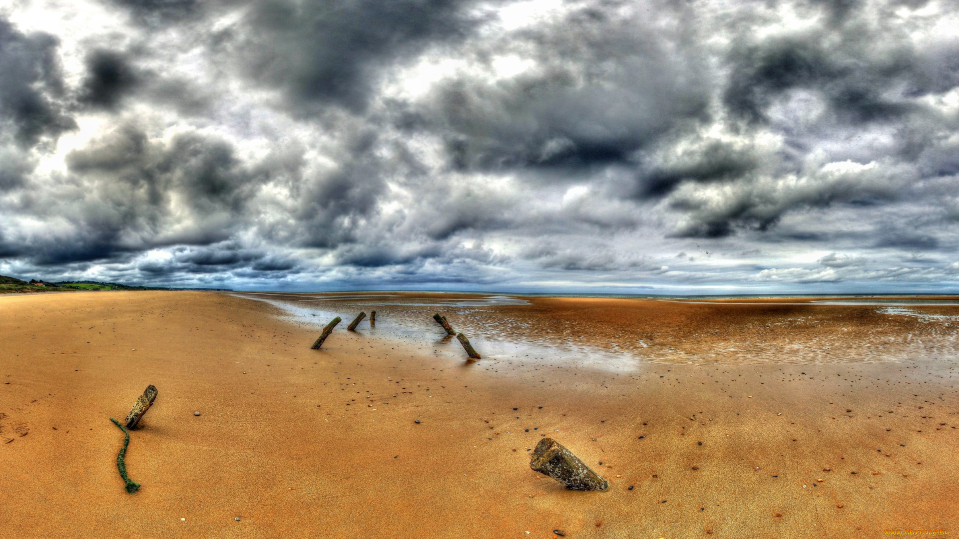 природа, побережье, океан, горизонт, пляж, песок, тучи