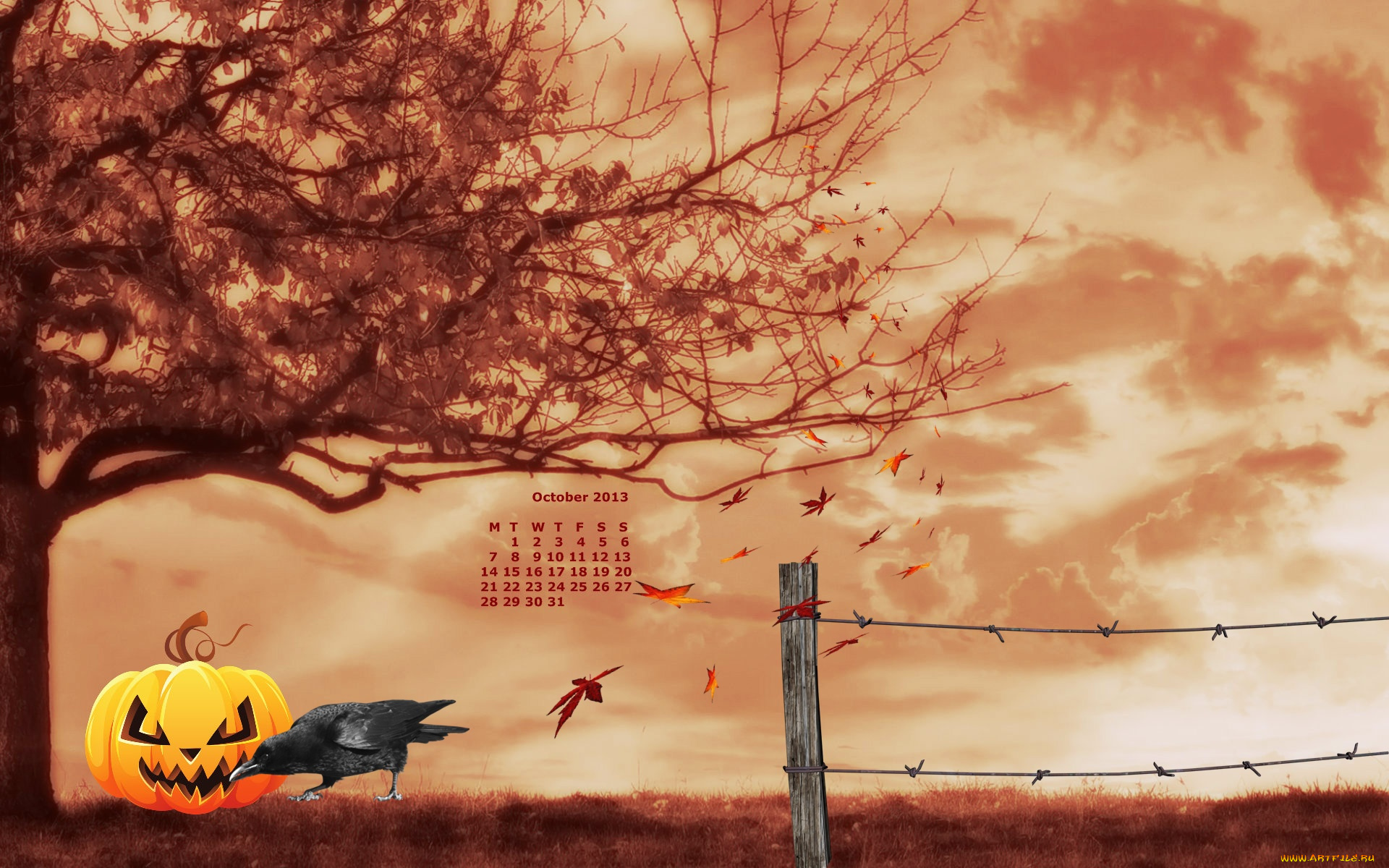 календари, рисованные, векторная, графика, тыква, ворон, дерево