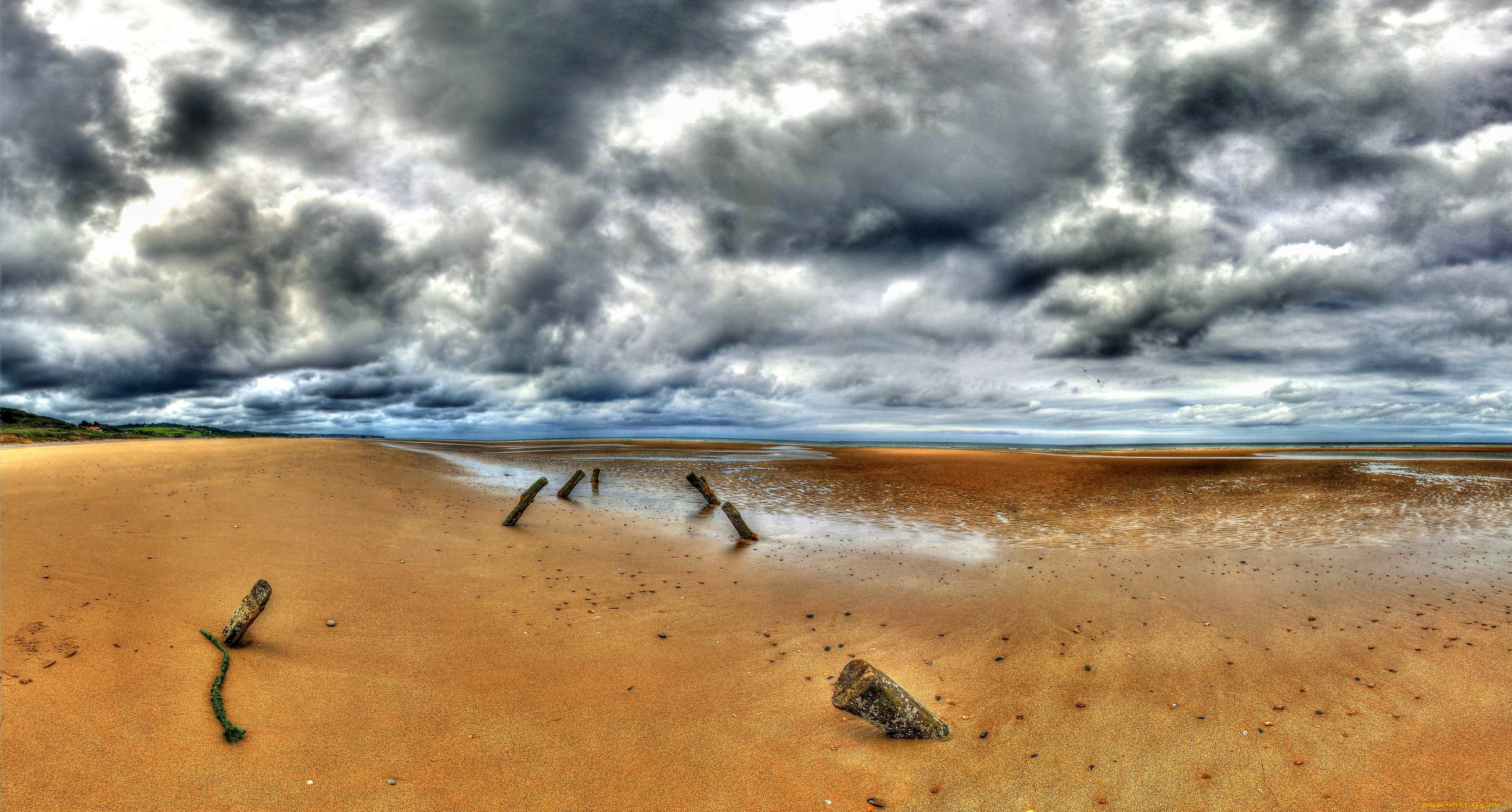 природа, побережье, океан, горизонт, пляж, песок, тучи