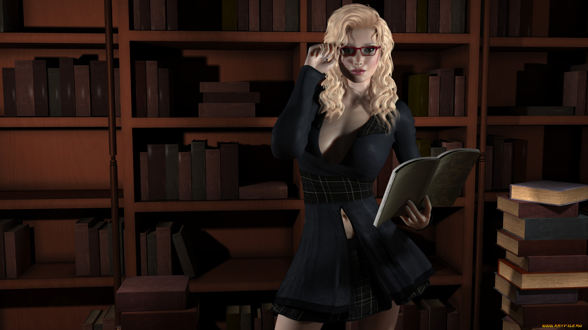 3д, графика, люди, , people, блондинка, полки, девушка, взгляд, очки, книги