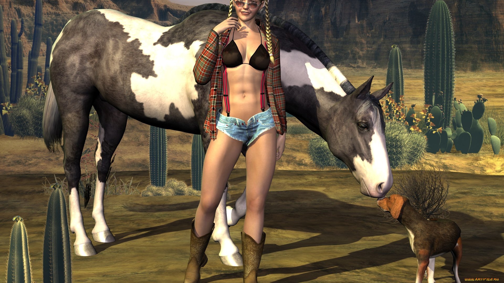 3д, графика, люди, , people, девушка, улыбка, собака, шляпа, косички, лошадь, взгляд, горы, кактусы