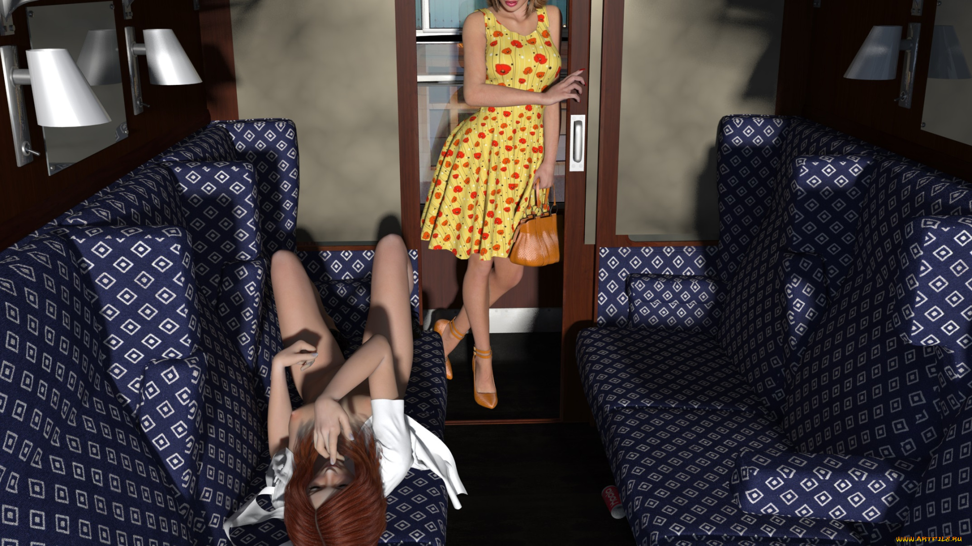 3д, графика, люди, , people, купе, поезд, взгляд, девушки