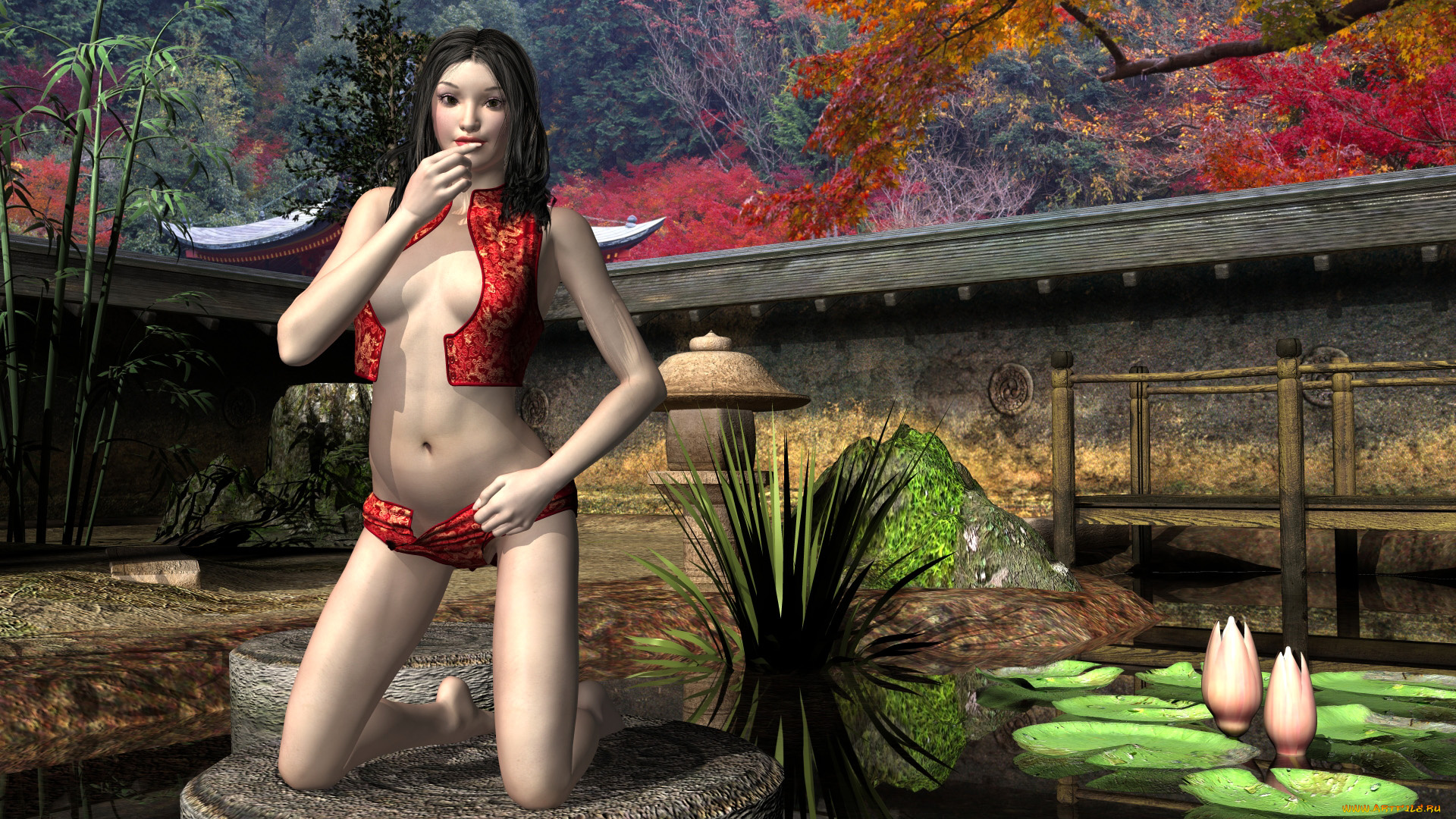 3д, графика, люди, , people, лотос, азиатка, взгляд, девушка