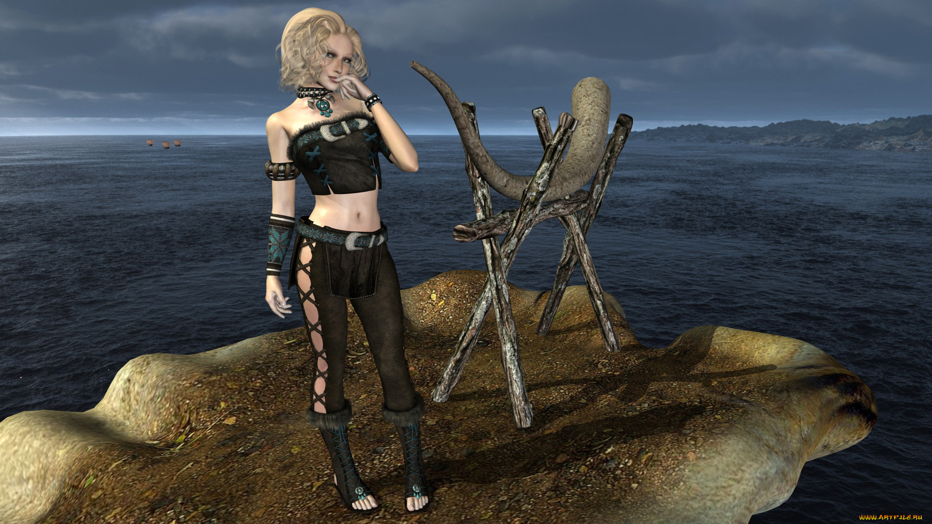 3д, графика, люди, , people, парусники, рог, море, взгляд, девушка