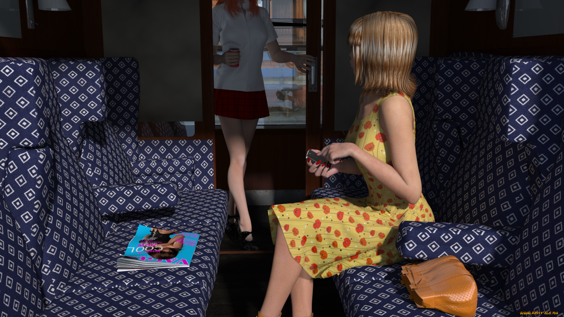 3д, графика, люди, , people, поезд, взгляд, девушки, купе