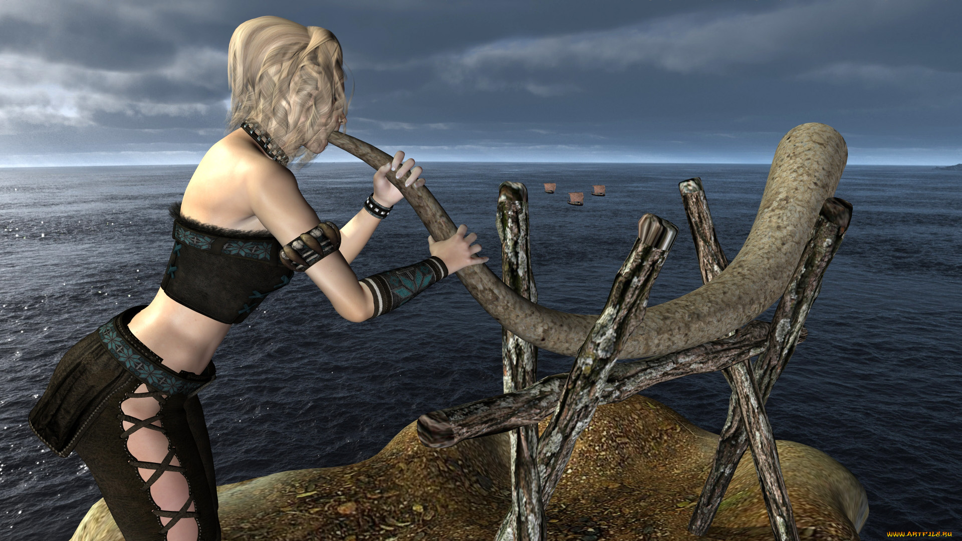 3д, графика, люди, , people, рог, море, взгляд, парусники, девушка