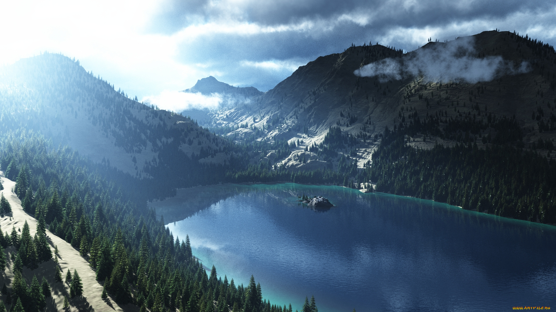 3д, графика, природа, , nature, ели, облака, снег, горы