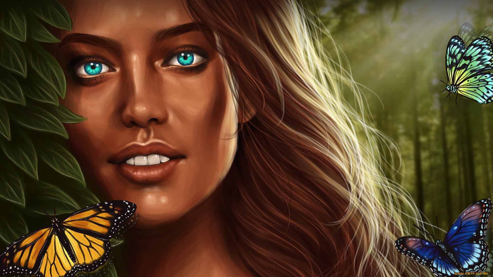 рисованные, люди, девушка, глаза, лес, лицо, красавица, бабочки