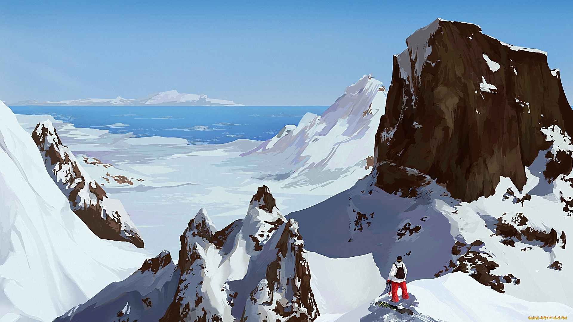 рисованные, живопись, море, солнечно, сноуборд, человек, снег, горы