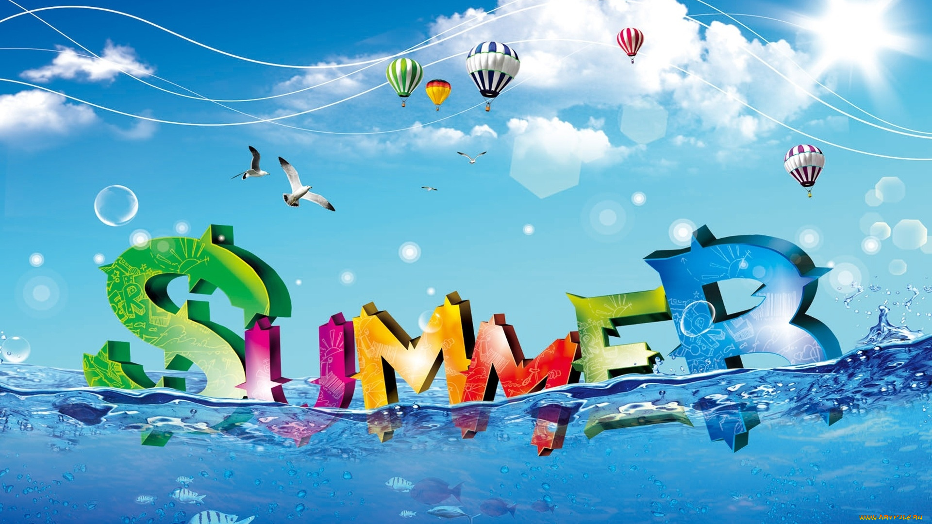 векторная, графика, другое, облака, вода, надпись, небо, шары, рыбы, линии, полосы, свет, буквы, лето, море