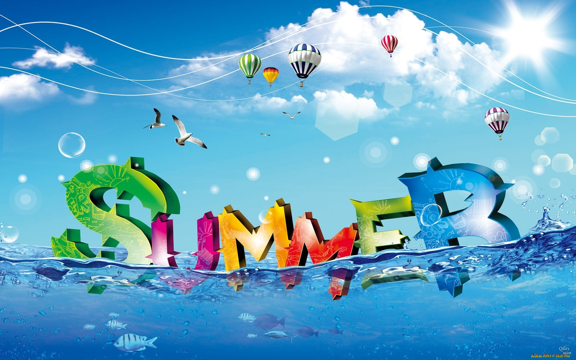 векторная, графика, другое, облака, вода, надпись, небо, шары, рыбы, линии, полосы, свет, буквы, лето, море