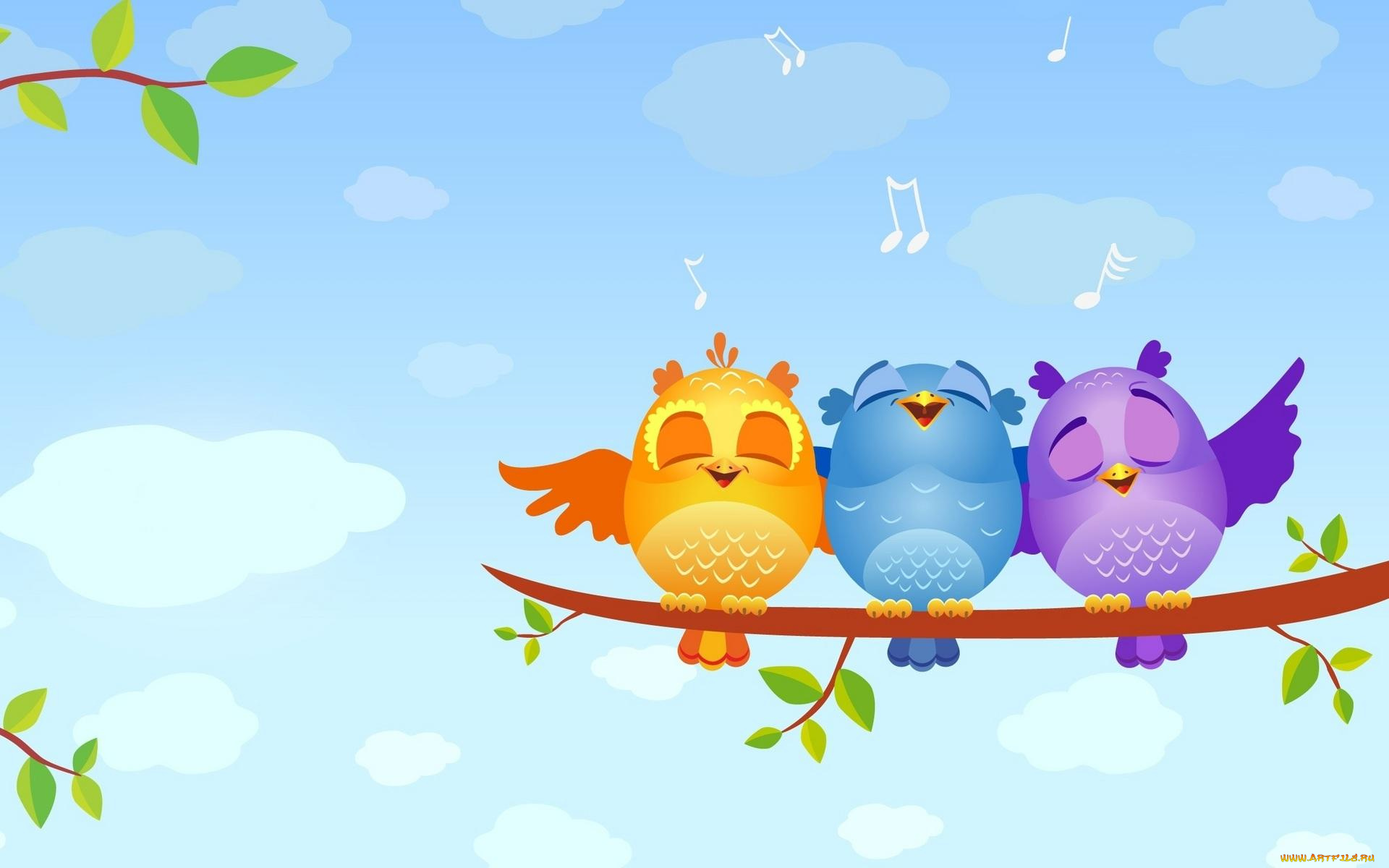 векторная, графика, птицы, небо, ноты, облака, песня, совята, ветка