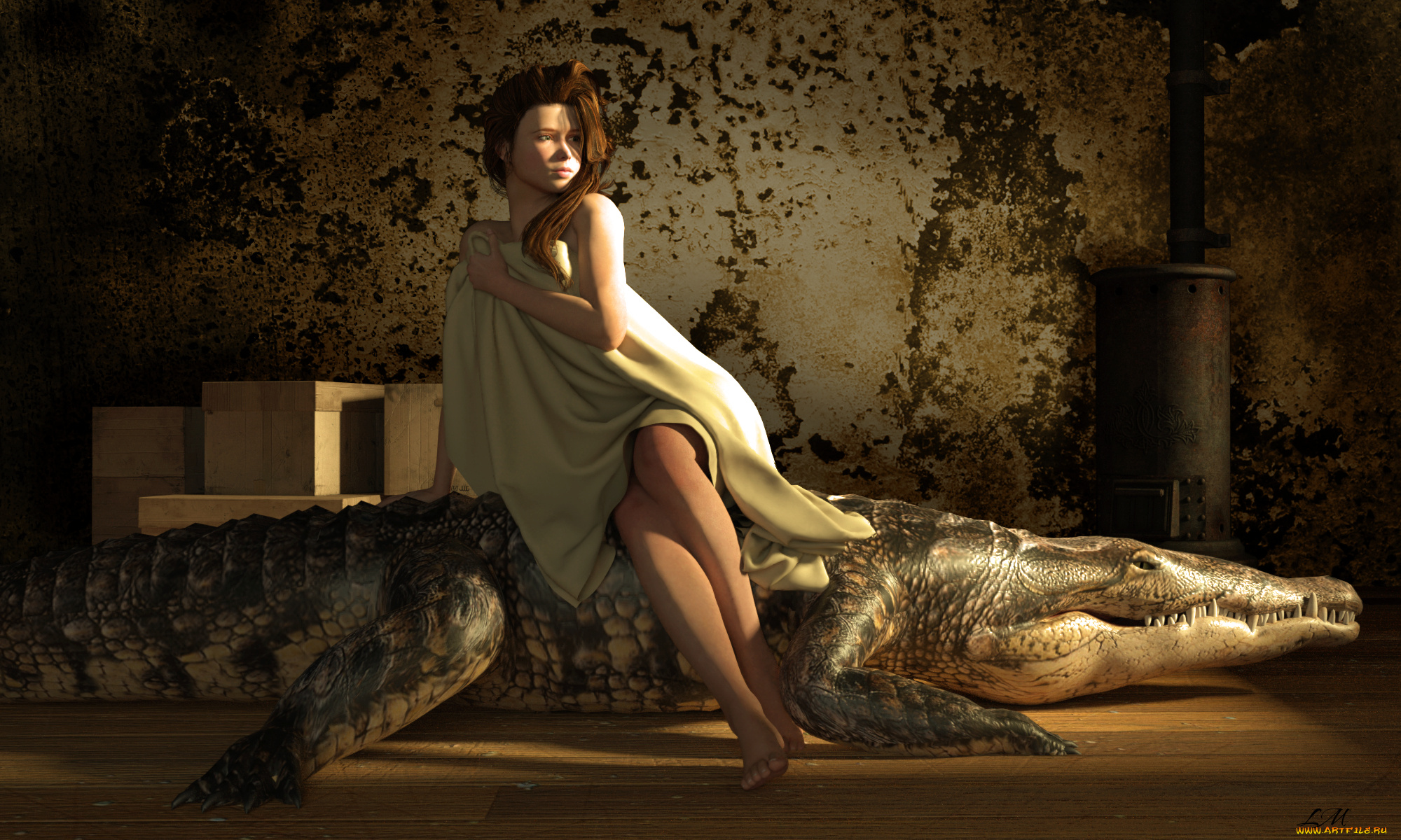 3д, графика, фантазия, , fantasy, крокодил, взгляд, девушка