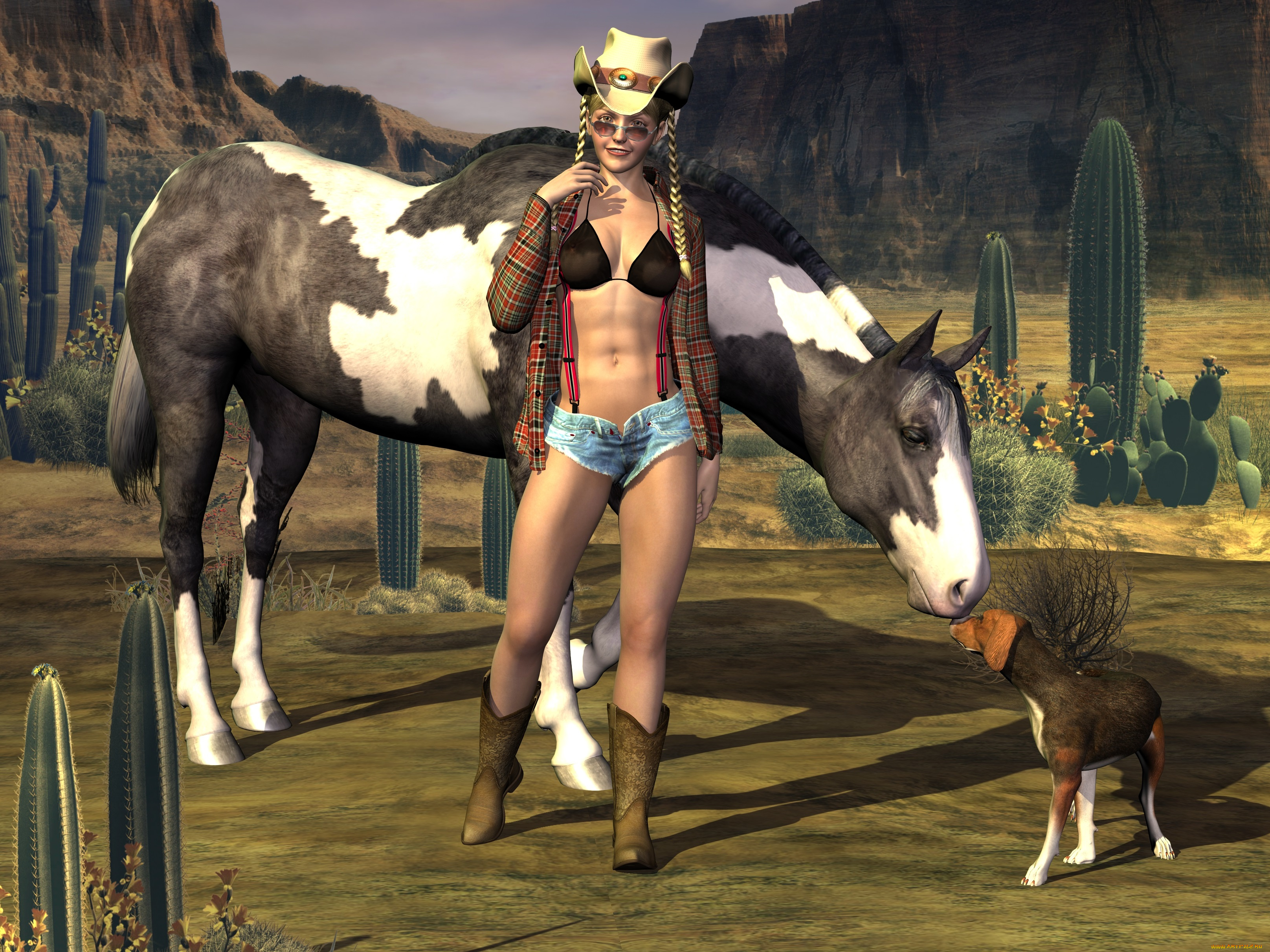 3д, графика, люди, , people, девушка, улыбка, собака, шляпа, косички, лошадь, взгляд, горы, кактусы