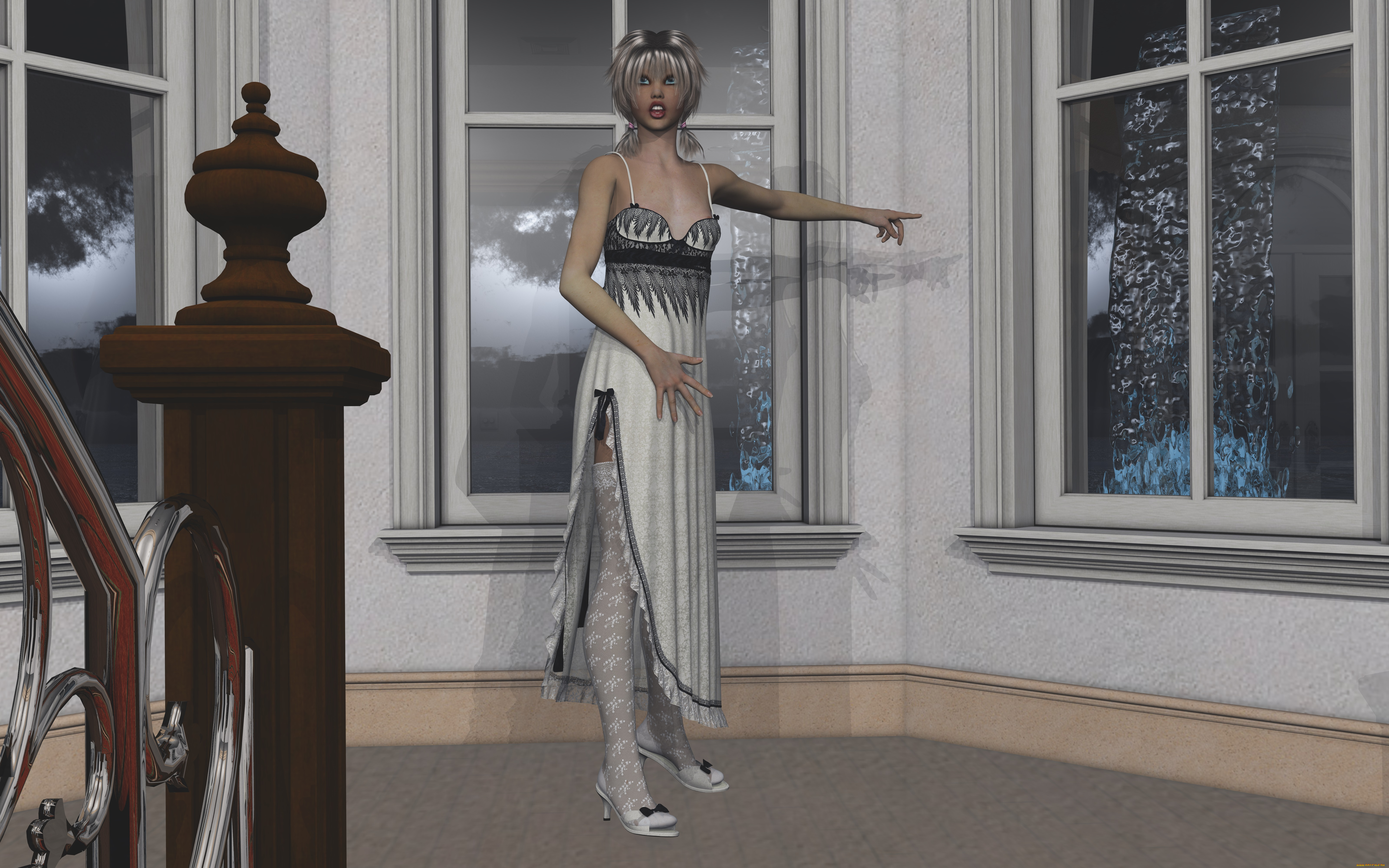 3д, графика, люди, , people, девушка, взгляд, жест, окна