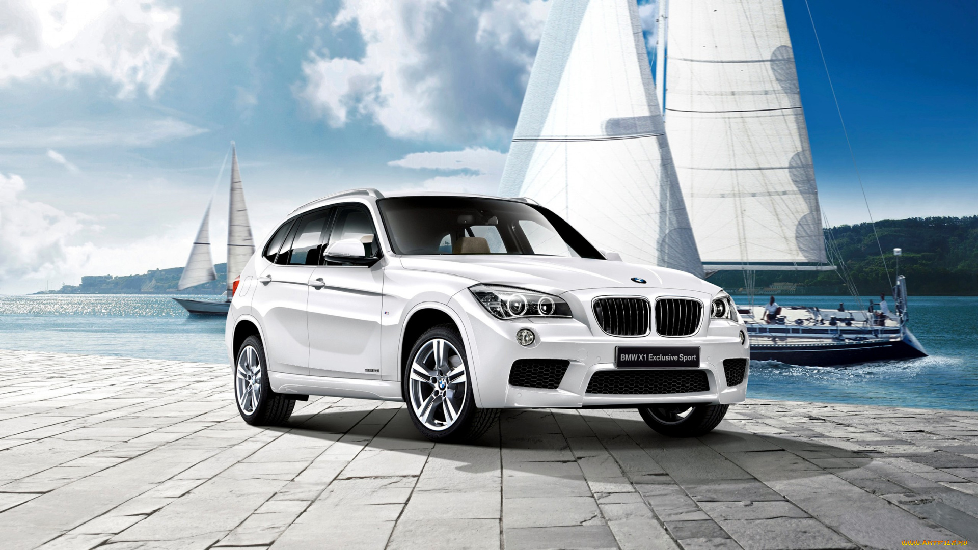 автомобили, bmw, причал, кроссовер, бмв, пирс, e84, x1, 2012, набережная, яхты, берег, небо, облака