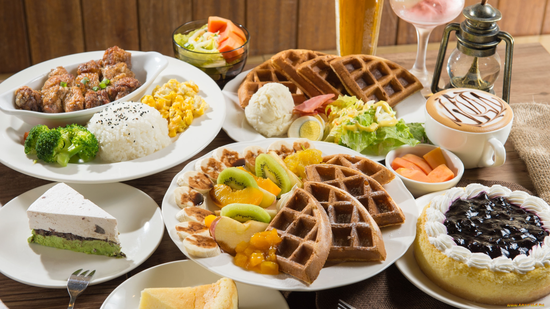 еда, разное, кофе, киви, торт, десерт, вафли, ягоды, ассорти, овощи, рис, блюда