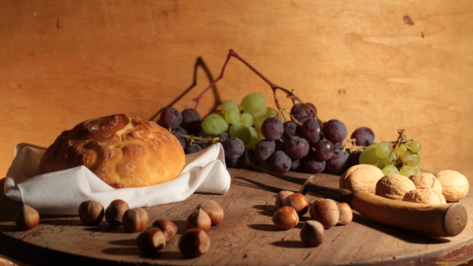 еда, разное, оехи, виноград, хлеб