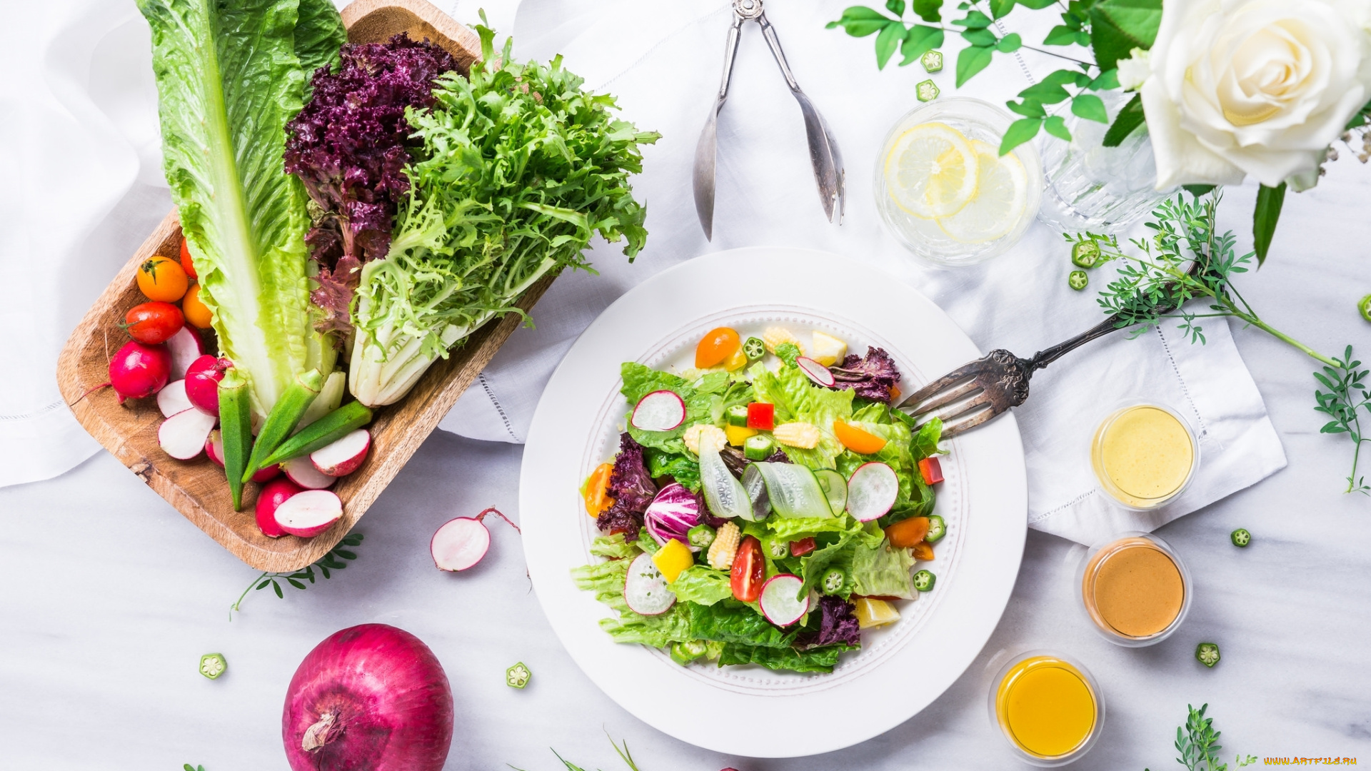 еда, салаты, , закуски, огурец, капуста, редис, овощи, помидоры, лук, свежесть, салат