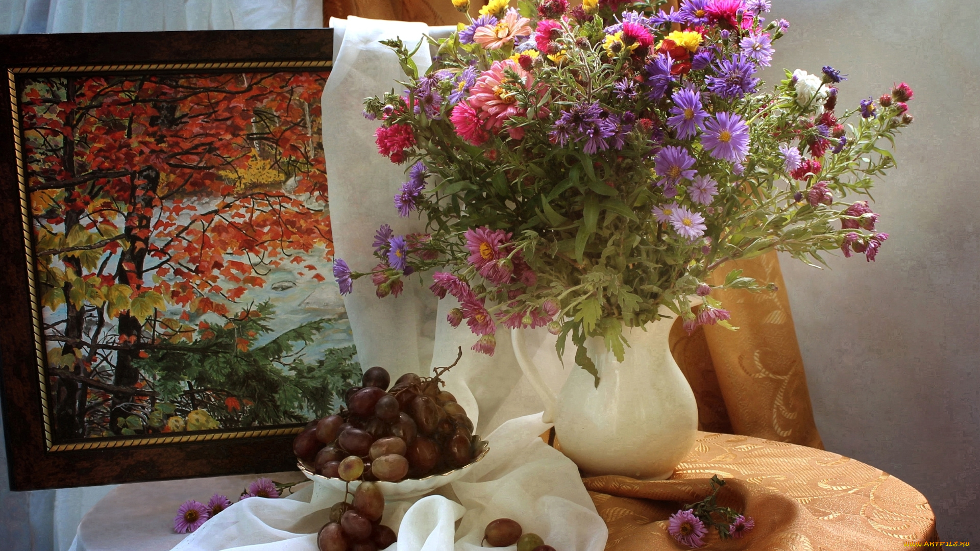 еда, виноград, картина, цинния, астры, букет, натюрморт, осень