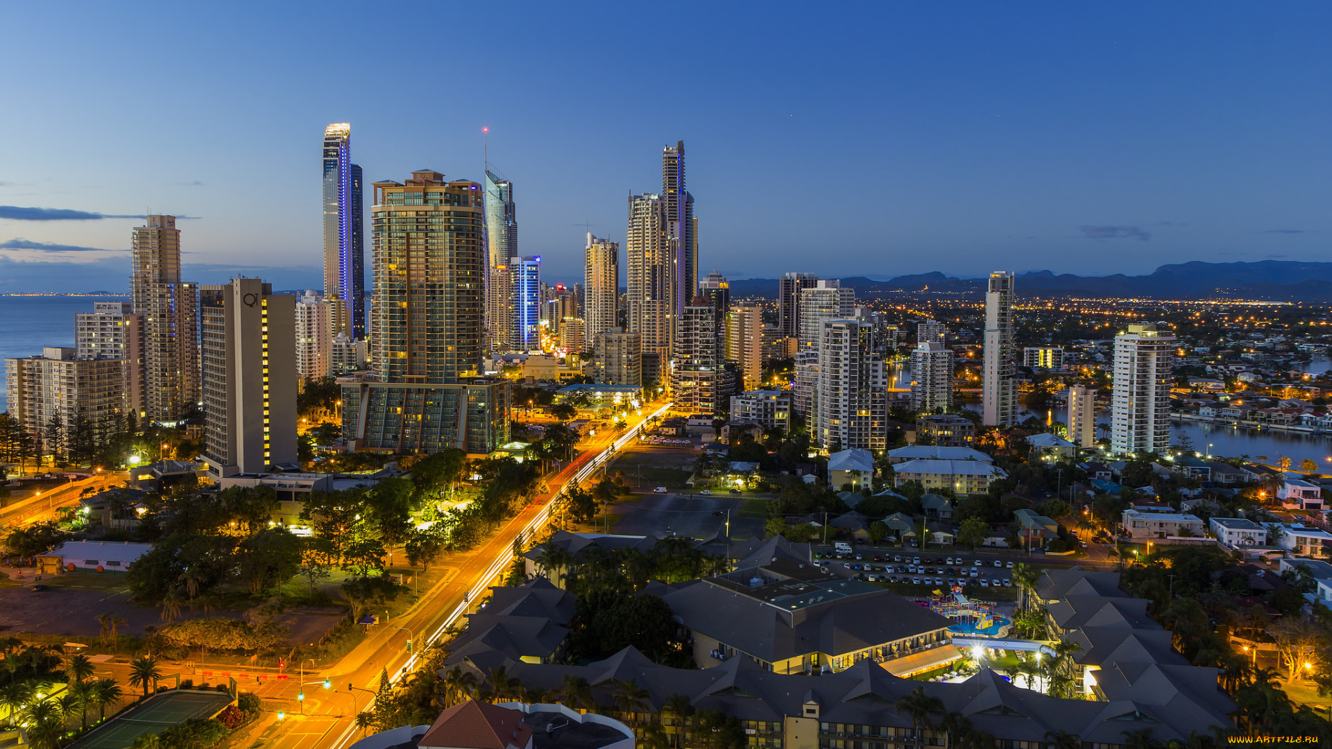 gold, coast, города, -, огни, ночного, города, небоскребы, огни, утро