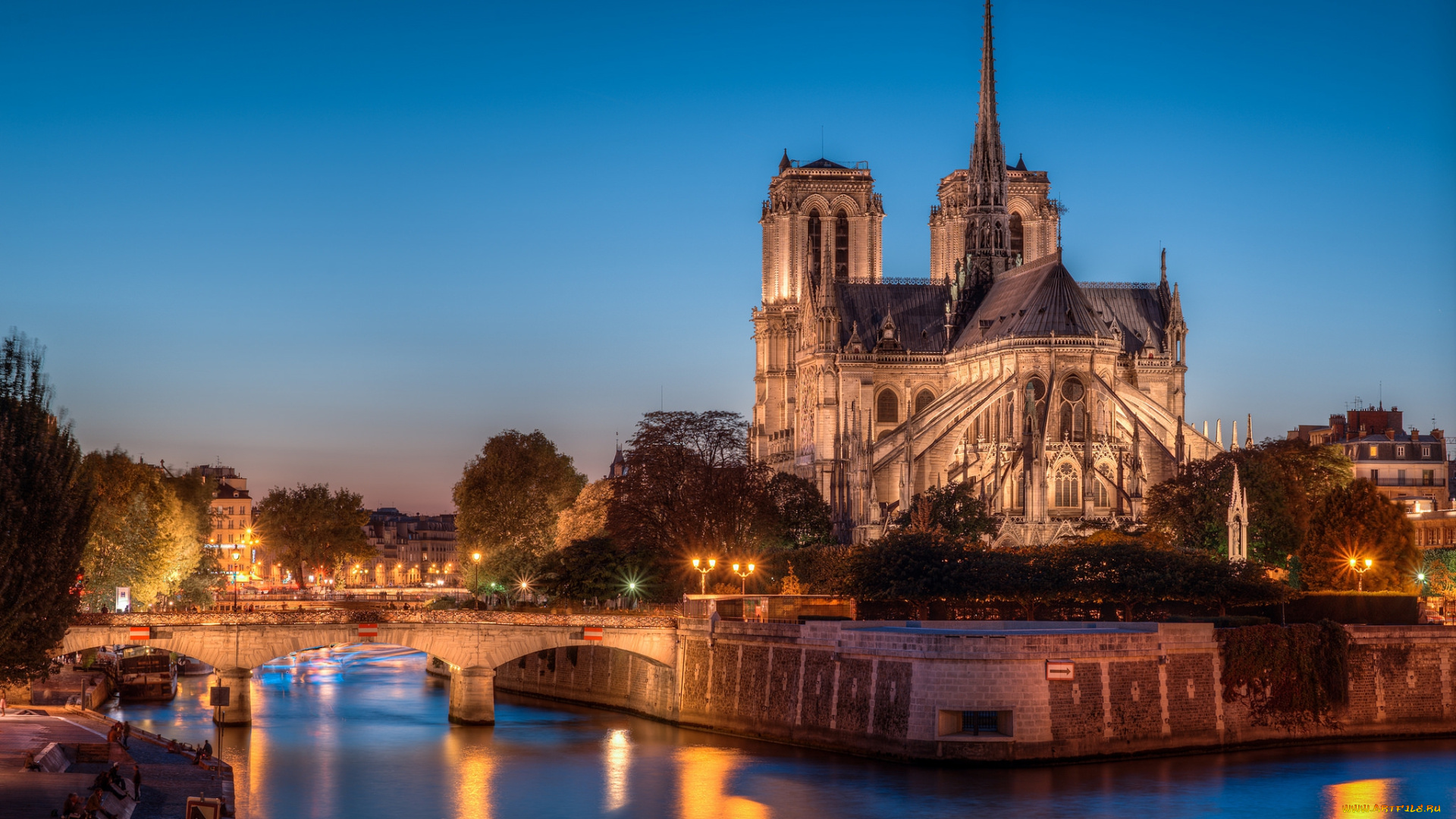 notre, dame, de, paris, города, париж, , франция, ночь, река, мост, огни