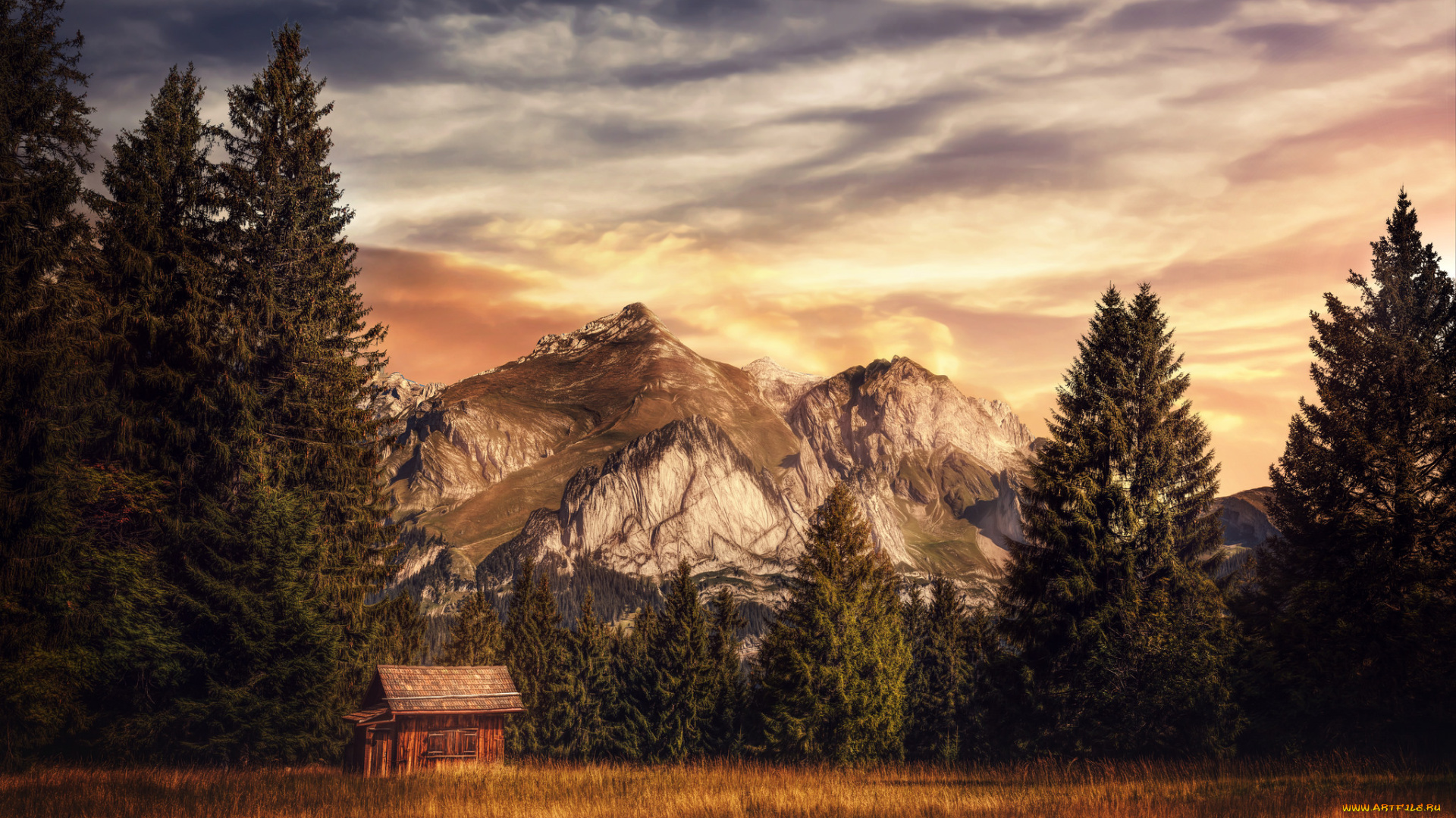 природа, горы, деревья, домик, ели