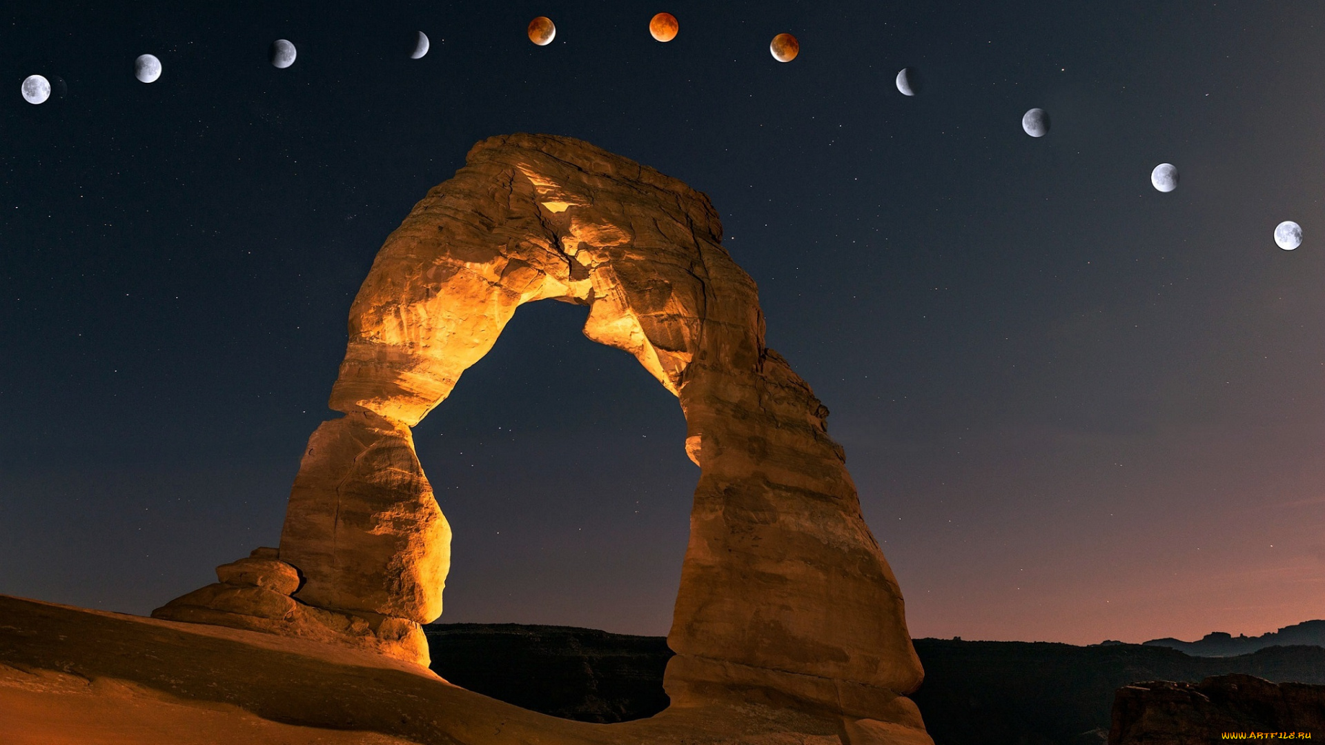 природа, горы, небо, свет, порода, арка, каньон, звезды, луна