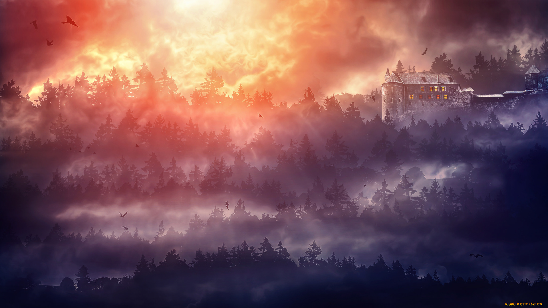 разное, компьютерный, дизайн, замок, деревья