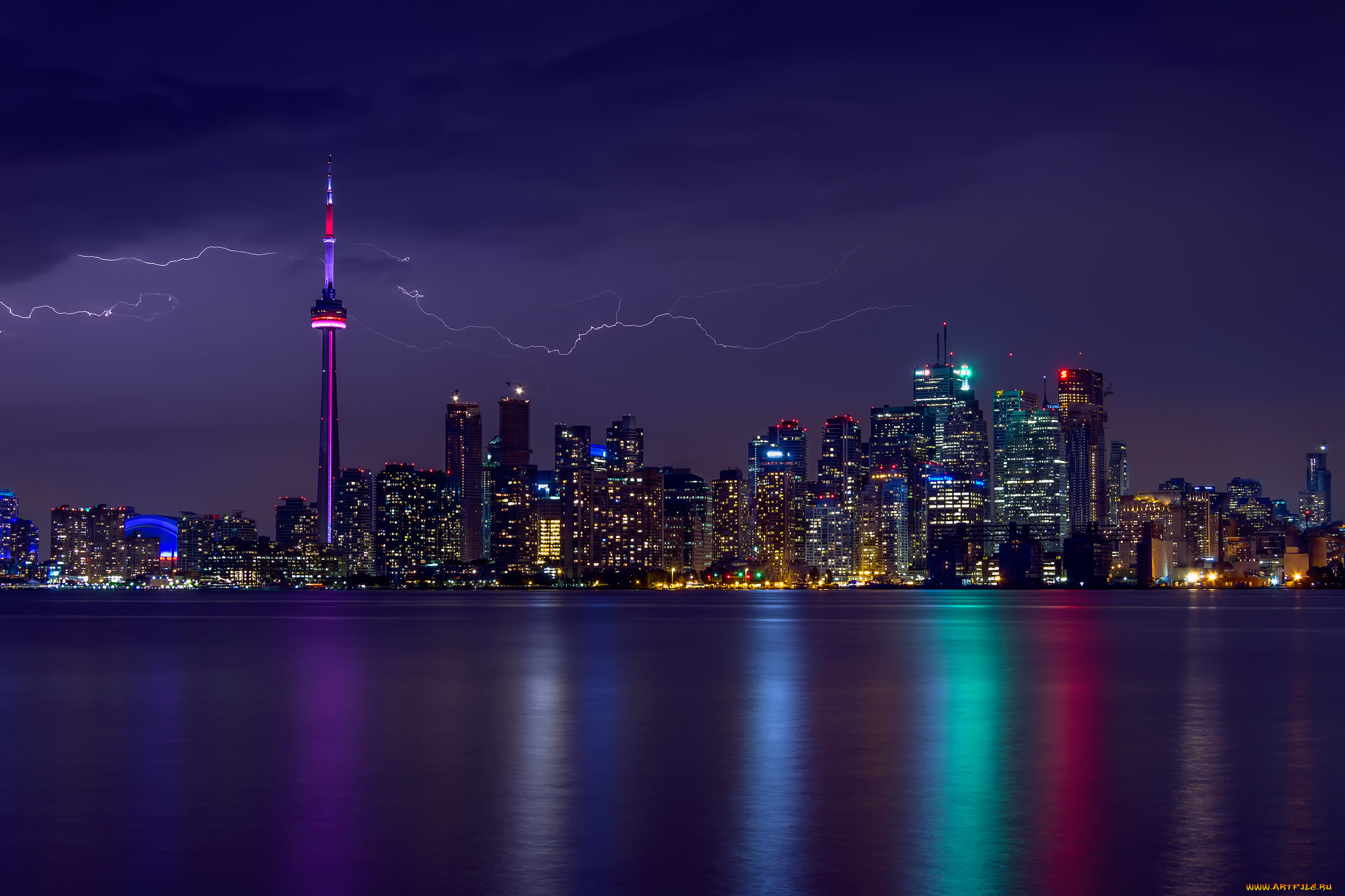города, торонто, , канада, вечер, торонто, небо, молния, гроза, свет, подсветка, дома, огни
