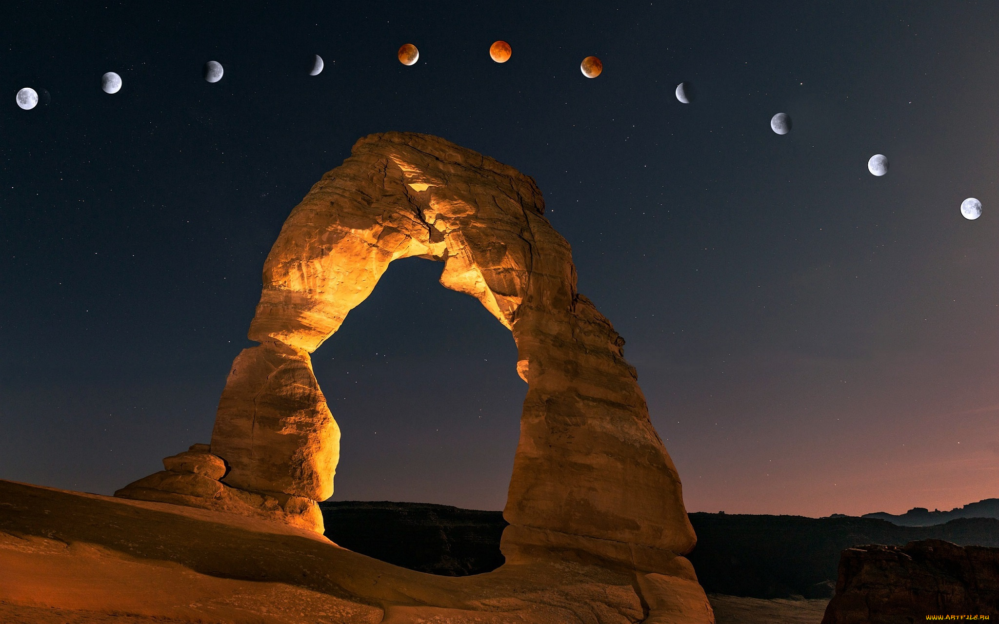 природа, горы, небо, свет, порода, арка, каньон, звезды, луна