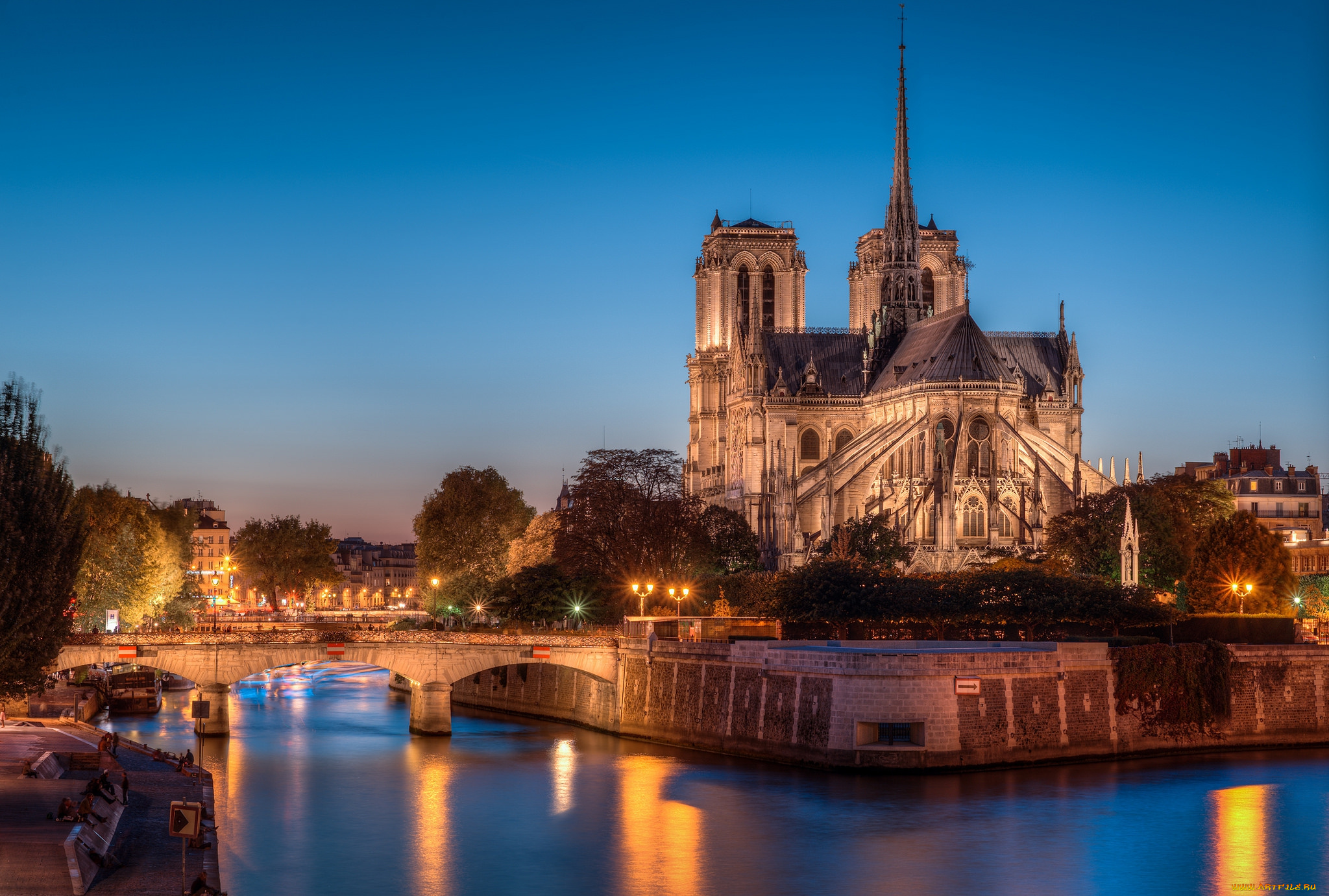 notre, dame, de, paris, города, париж, , франция, ночь, река, мост, огни