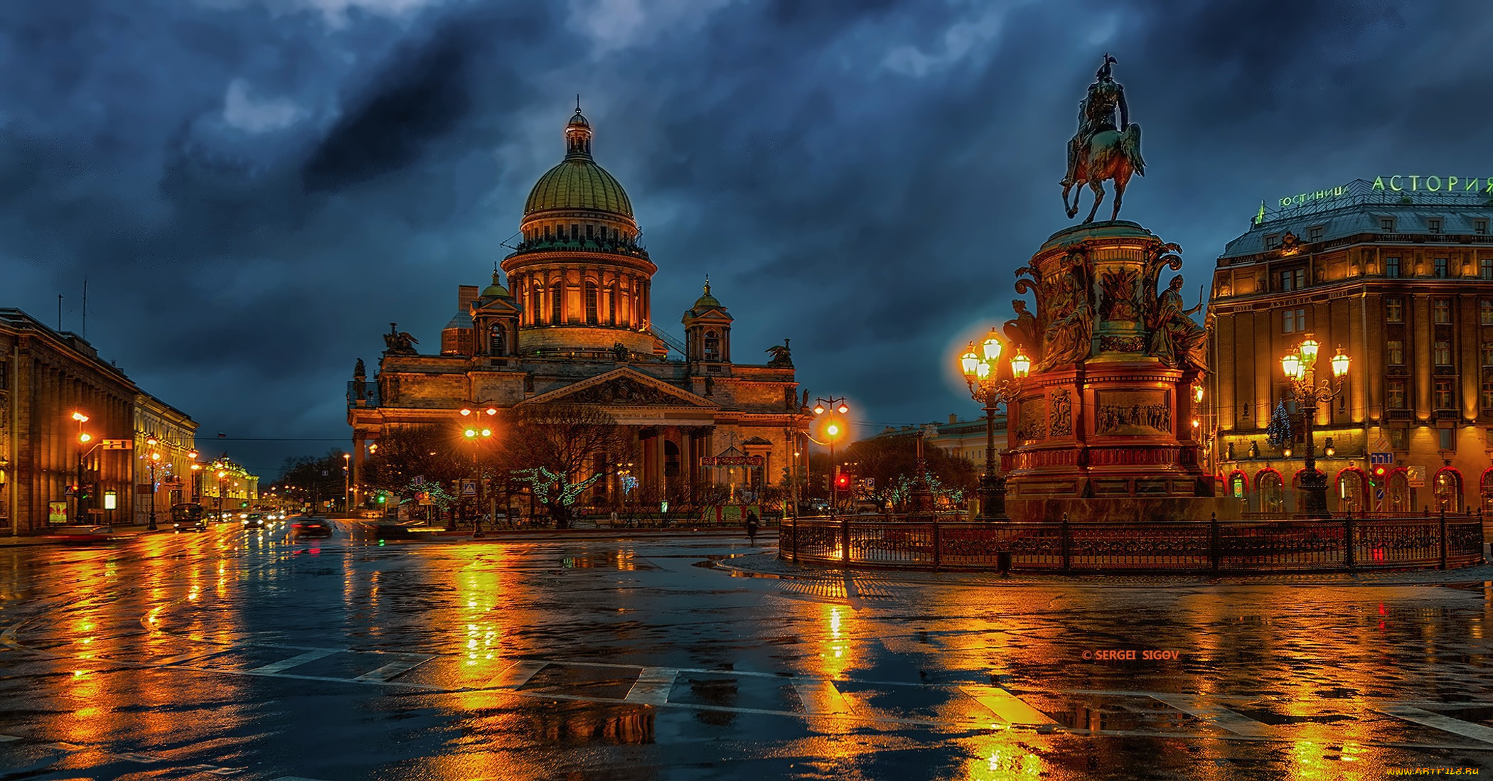 saint, isaac`s, cathedral, and, tsar, nicholas, i, monument, города, санкт-петербург, , петергоф, , россия, собор, площадь, ночь, статуя