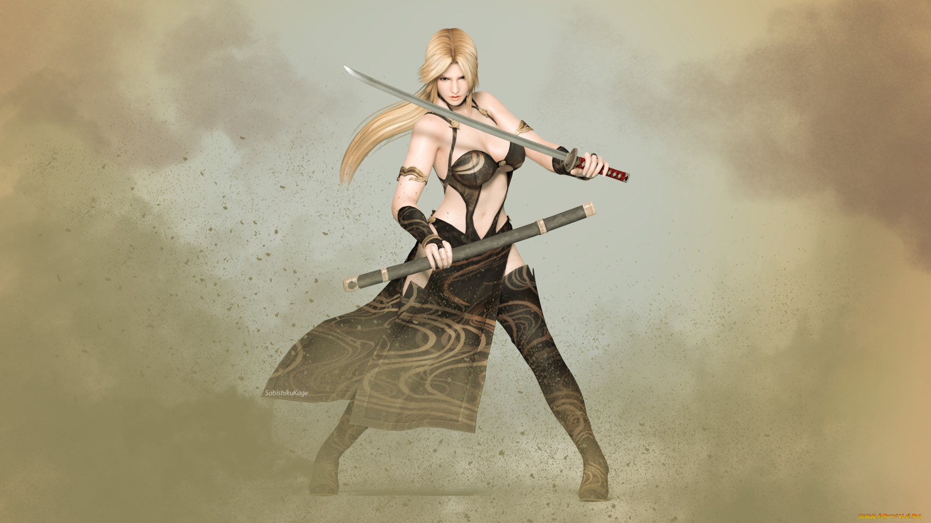 3д, графика, фантазия, , fantasy, девушка, фон, взгляд, катана