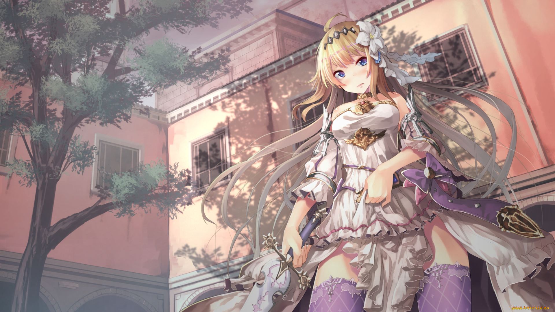 аниме, granblue, fantasy, granblue, fantasy, дерево, дом, меч, оружие, девушка, saraki, shingeki, no, bahamut, jeanne, d'arc, арт