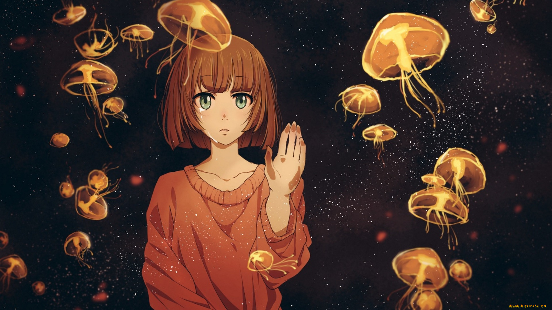 аниме, unknown, , другое, twinmix, девушка, арт, медузы, слезы