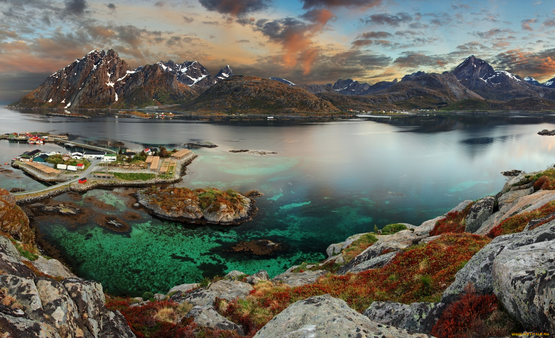 города, -, пейзажи, закат, река, горы, поселок